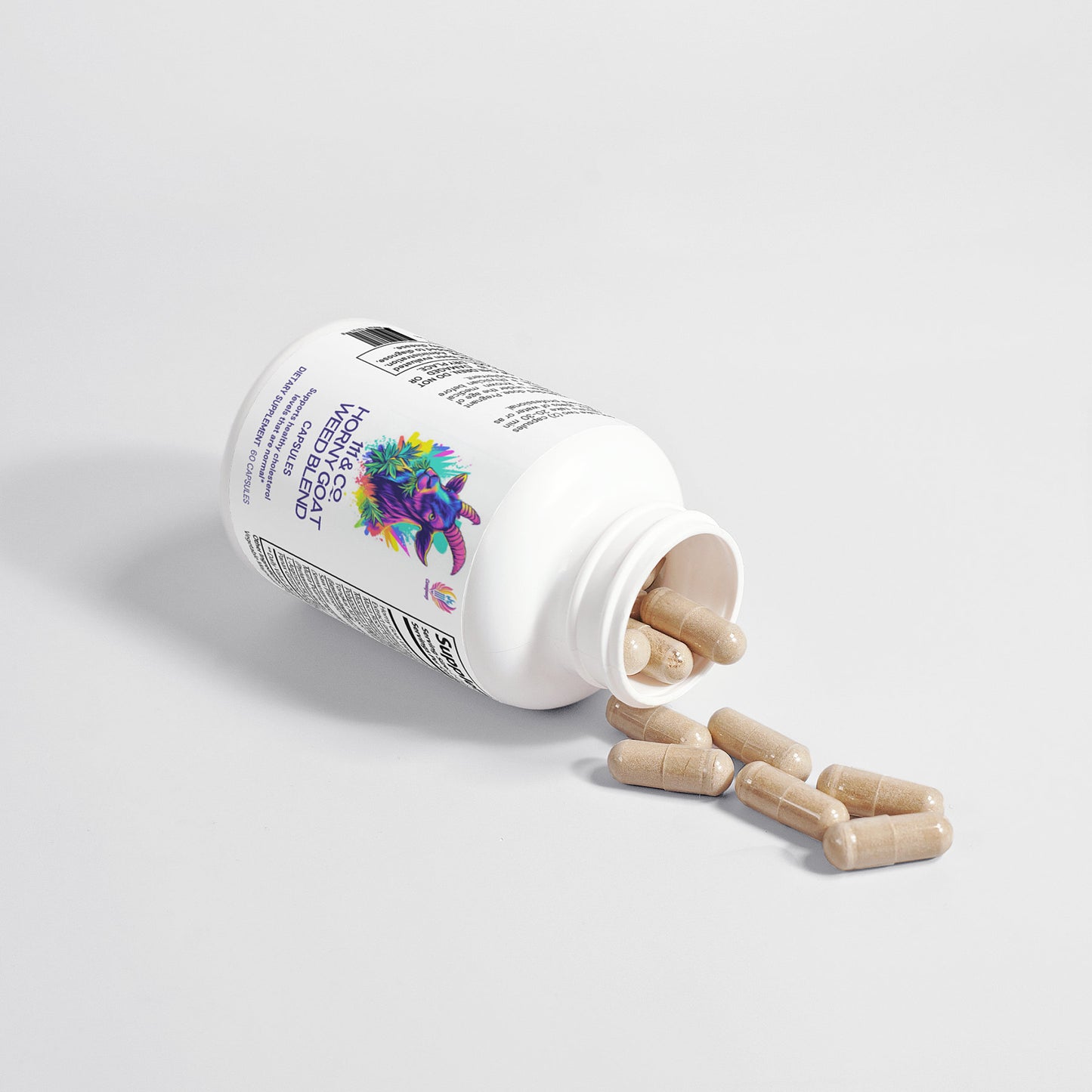 A white bottle labeled 111 & Company Horny Goat Weed Blend with gray capsules spilling out, features artwork of a woman with purple hair entwined with green plants against a plain white background.