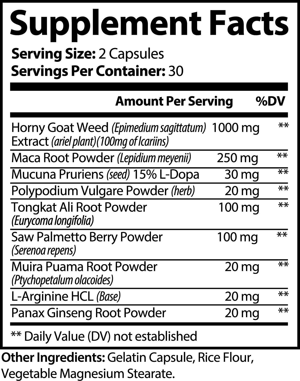 The product, 111 & COMPANY HORNY GOAT WEED BLEND by 111 & Company, features a Supplement Facts label listing ingredients such as Horny Goat Weed, Maca Root Powder, and Tongkat Ali. Details include the amount per serving of two capsules, with some ingredients noted as Base.