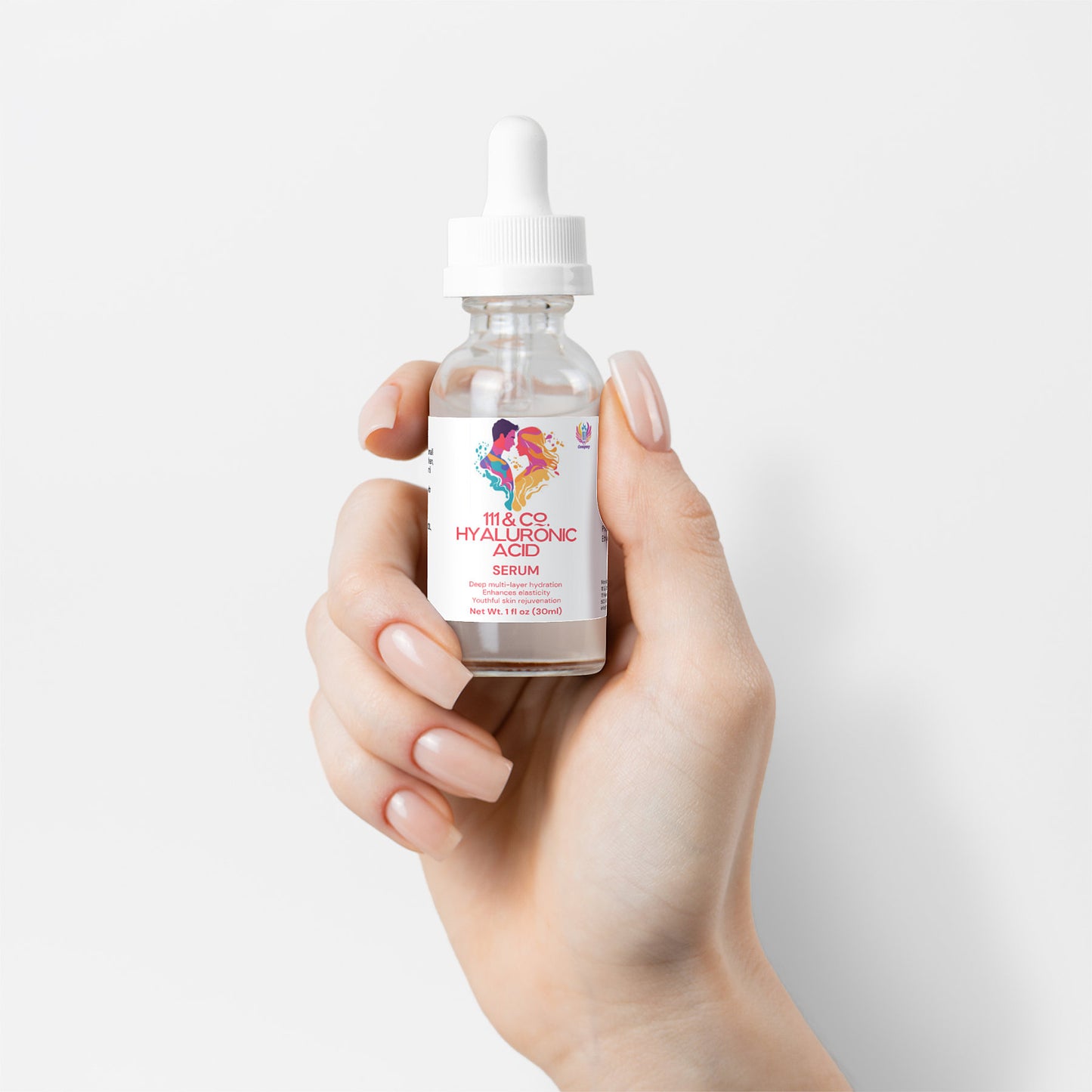 A manicured hand delicately holds a clear dropper bottle labeled 111 & COMPANY HYALURONIC ACID SERUM, by 111 & Company, promising skin rejuvenation and hydration. The colorful abstract design on the label and its white cap stand out against the soft white background.