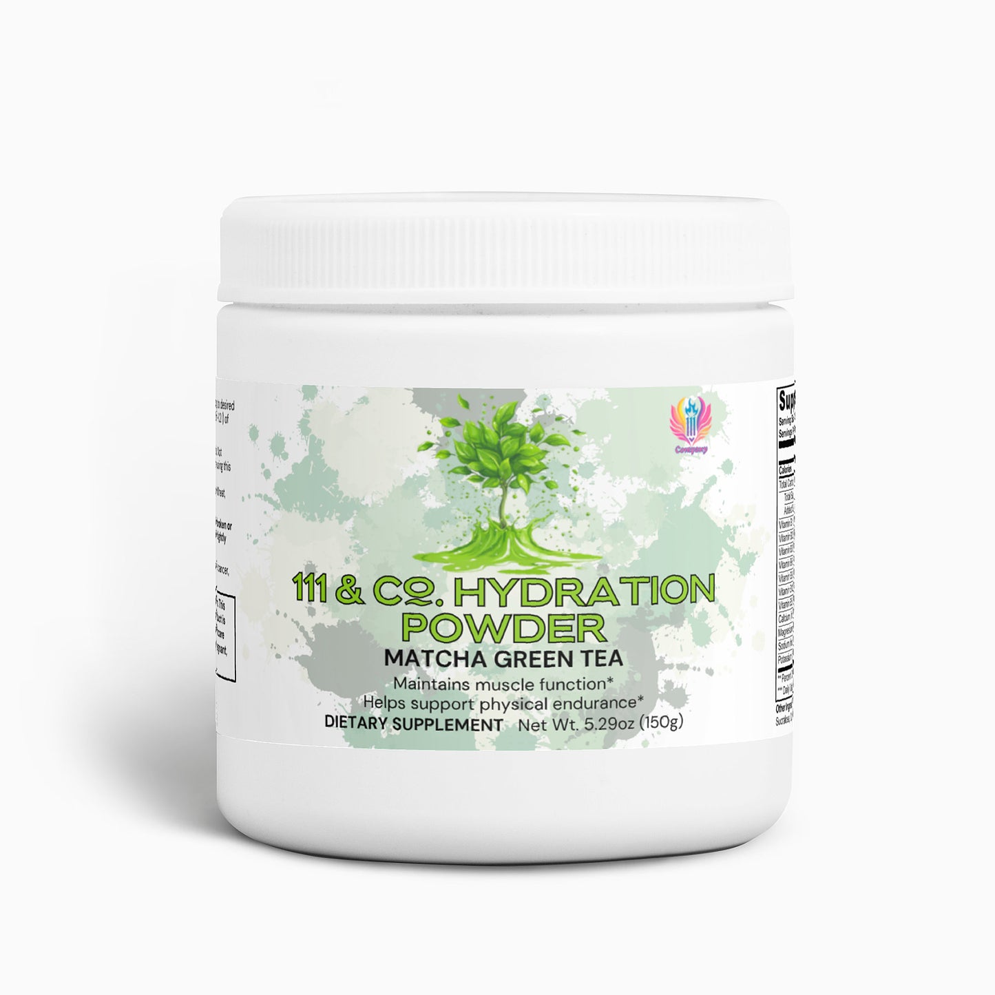 A 5.29oz (150g) jar of 111 & Company Hydration Powder features a matcha green tea flavor with electrolytes for muscle function and physical endurance, is keto-friendly, and is designed with green watercolor splashes and a plant illustration.