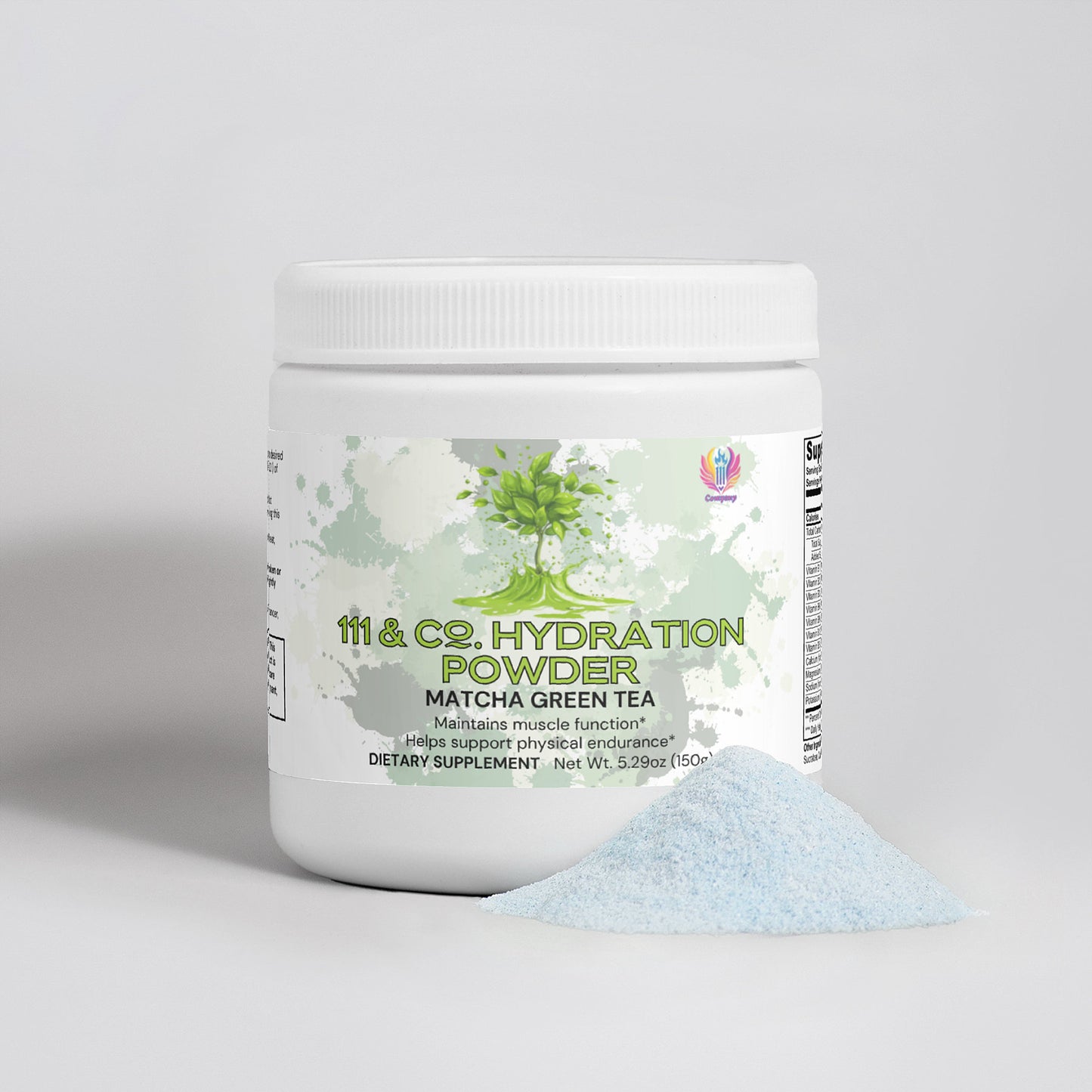 A container of 111 & Company Hydration Powder (Matcha Green Tea) sits on a light surface. The label, featuring a leafy tree, describes this keto-friendly supplement designed to boost muscle function and endurance. Beside the container lies a small heap of blue powder.