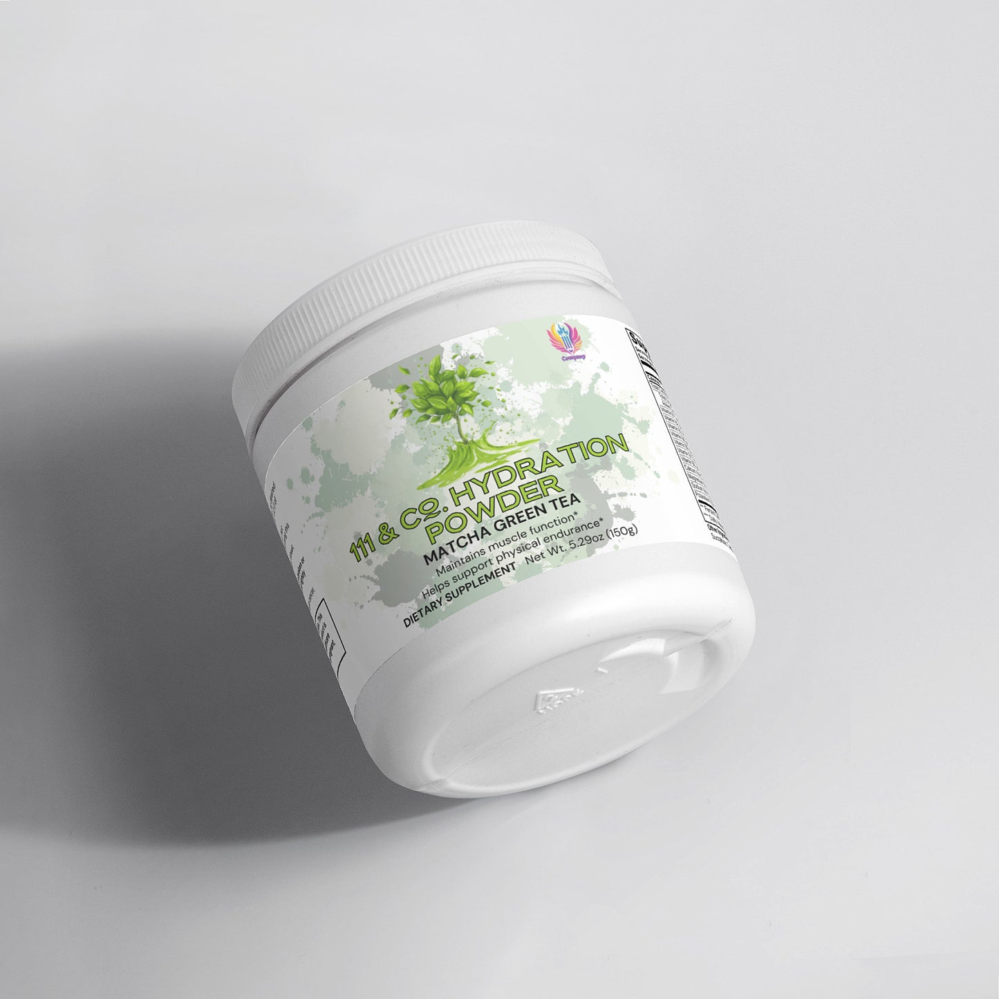 A white cylindrical container featuring a green tree graphic and 111 & COMPANY HYDRATION POWDER (MATCHA GREEN TEA) text is tilted on a white surface, highlighting its electrolytes and keto-friendly benefits, with more details in smaller font at the base.