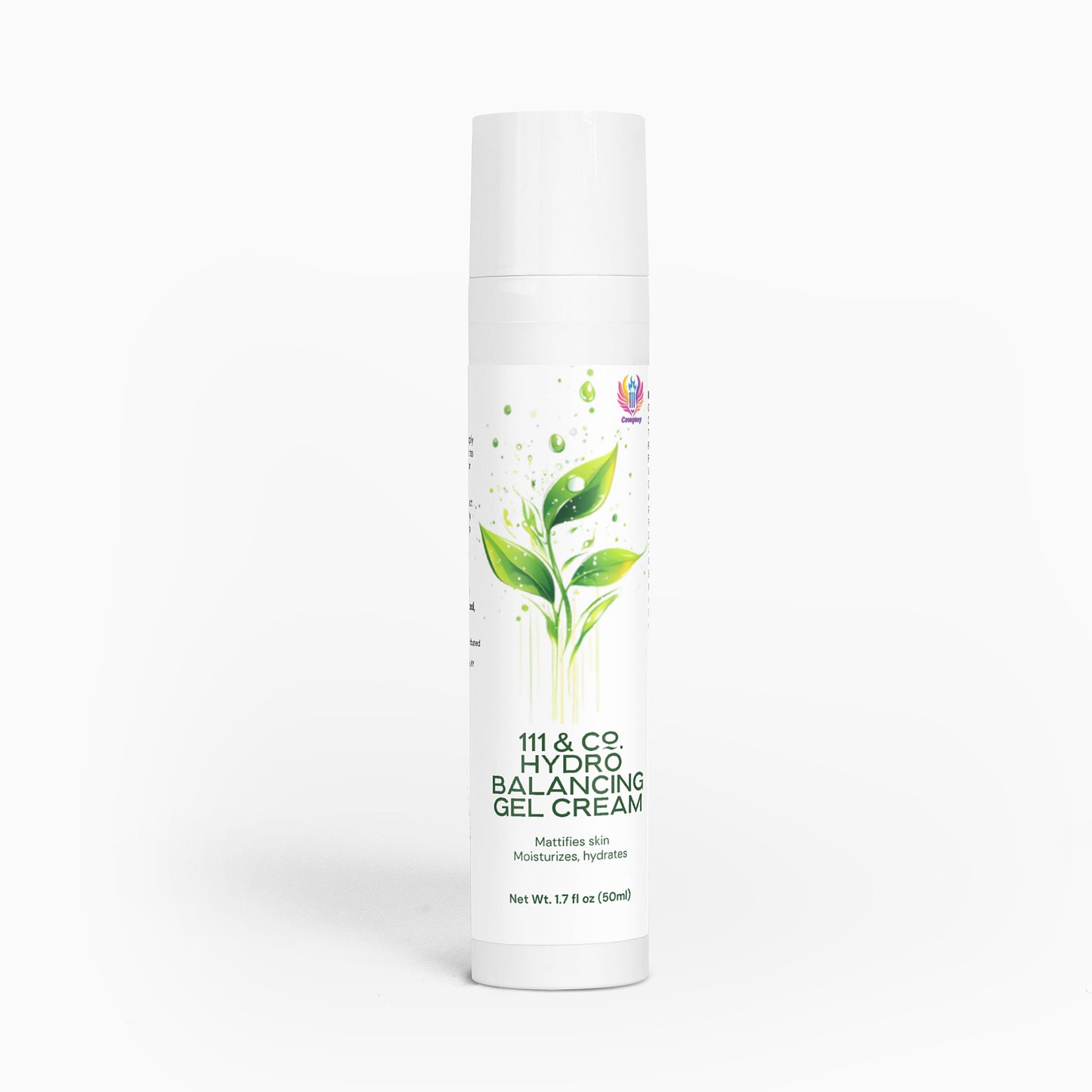 A pristine white bottle of 111 & COMPANY HYDRO BALANCING GEL-CREAM stands upright. The label, adorned with green leaves and water droplets, hints at deep hydration. Ideal for oily skin, it promises to mattify while hydrating in a compact 1.7 oz (50 ml) package.