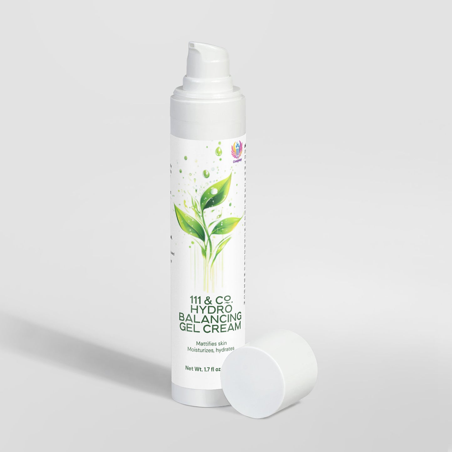 On a light gray background, a white cylindrical bottle of 111 & COMPANY HYDRO BALANCING GEL-CREAM by 111 & Company, featuring a green leaf design, is showcased with its cap beside it, promising to mattify and hydrate oily skin effectively.