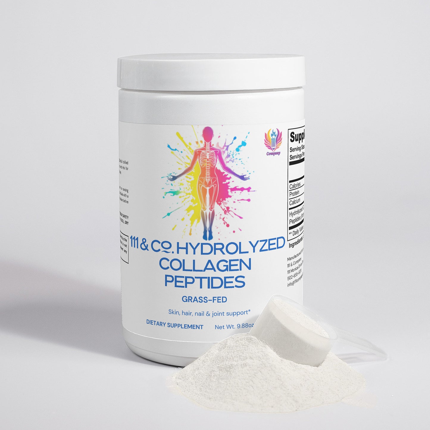 A white container of 111 & Company Grass-Fed Hydrolyzed Collagen Peptides, with a colorful abstract silhouette on the label, is displayed. A scoop of white powder is artfully spilled beside it, highlighting its quality and purity.