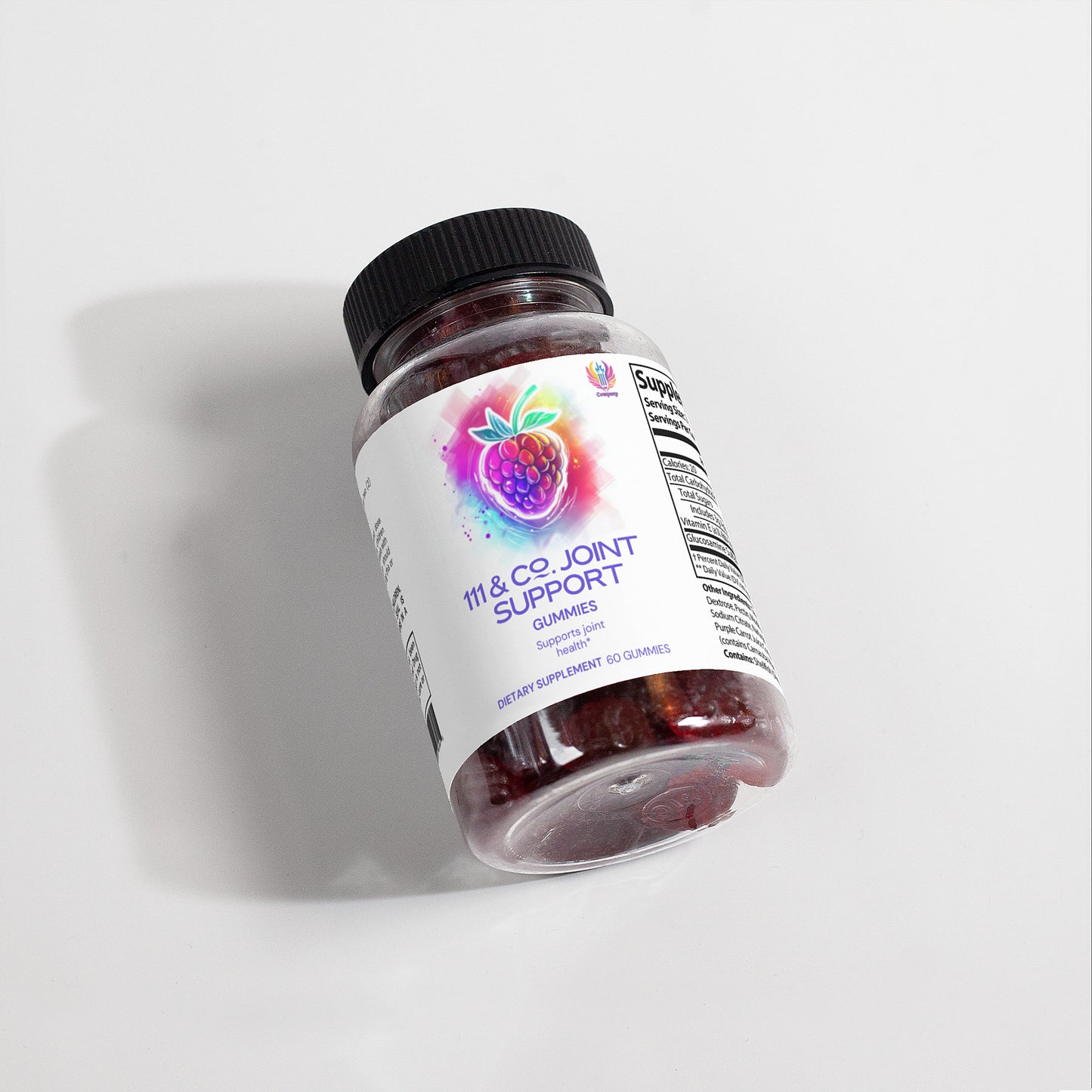 A bottle of 111 & COMPANY Joint Support Gummies, showcasing a black lid and white label with a vibrant raspberry design, highlights joint health benefits with glucosamine. The bottle, holding 60 gummies, rests on a white surface.