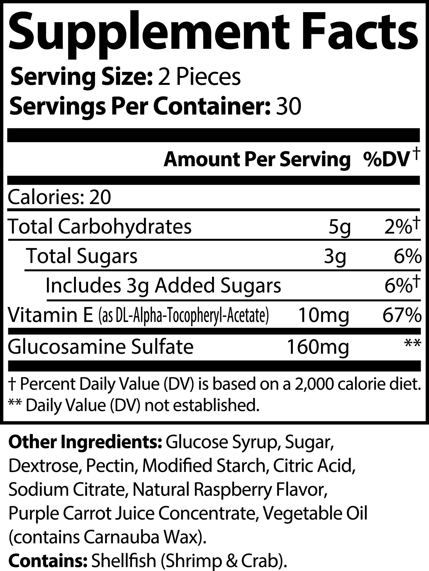 Explore 111 & Company Joint Support Gummies by 111 & Company—dietary gummies with a serving size of 2 pieces and 30 servings per container. They contain calories, carbs, sugar, vitamin E, and glucosamine sulfate to support joint health. Made with glucose syrup and sugar; daily values based on a 2,000-calorie diet.