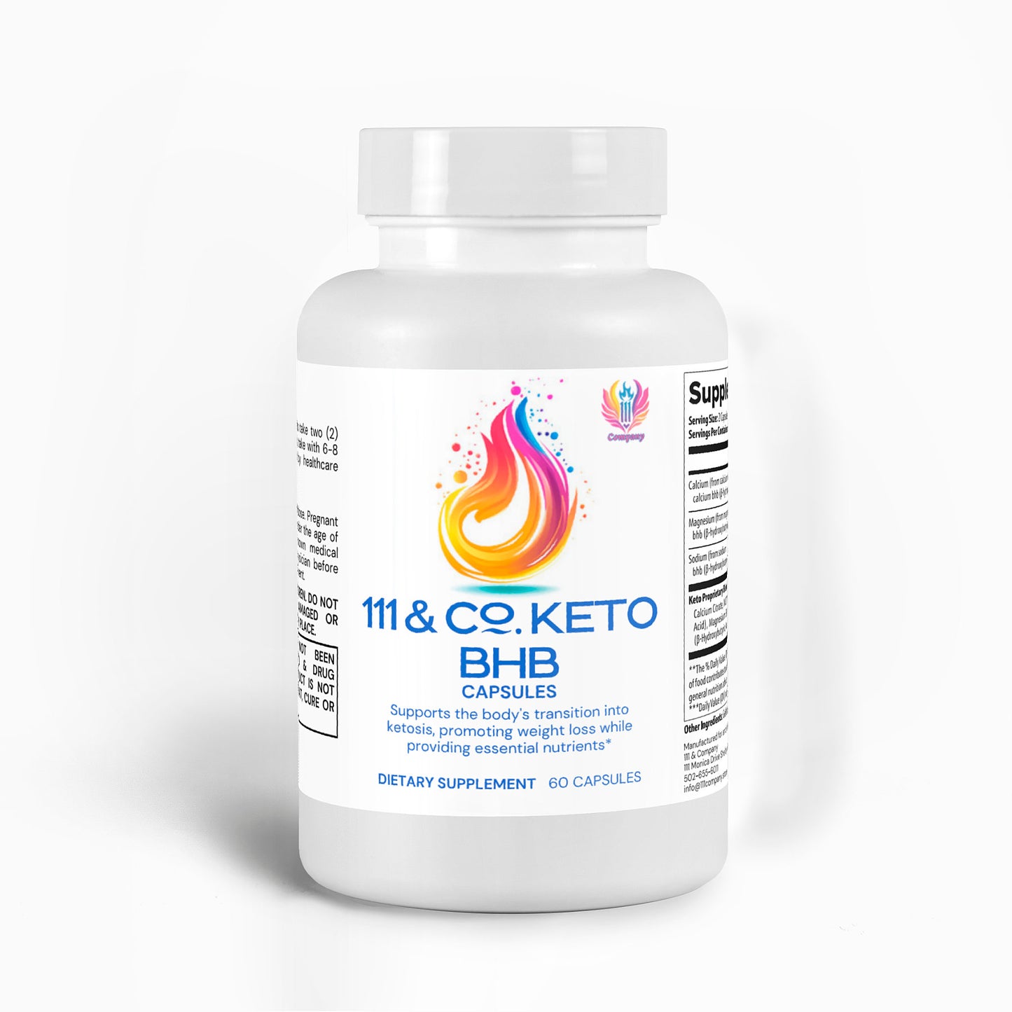 A white bottle labeled 111 & COMPANY KETO BHB from 111 & Company features a colorful flame logo, supporting ketosis transition and weight loss with BHB salts. It contains 60 capsules, with ingredients and supplement facts listed on the side.