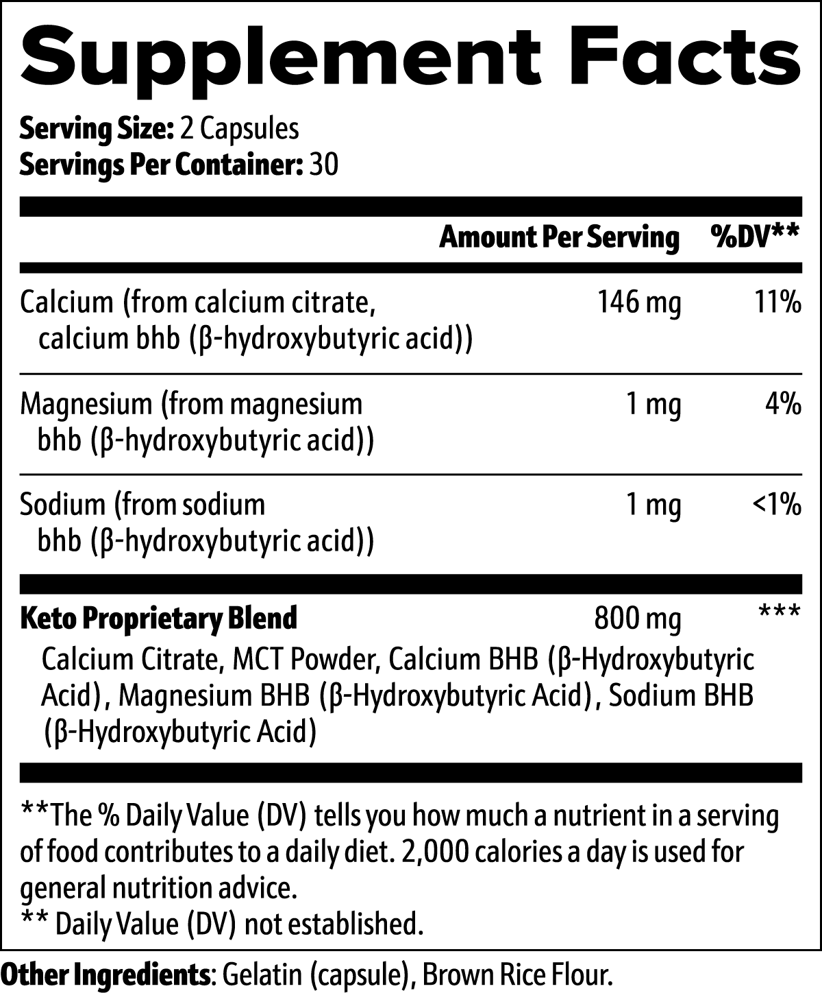 The 111 & COMPANY KETO BHB by 111 & Company features a black and white label with supplement facts, stating a serving size of 2 capsules and 30 servings per container. It contains calcium, magnesium, and a keto blend with BHB salts for ketosis transition. Other ingredients include gelatin and brown rice flour.