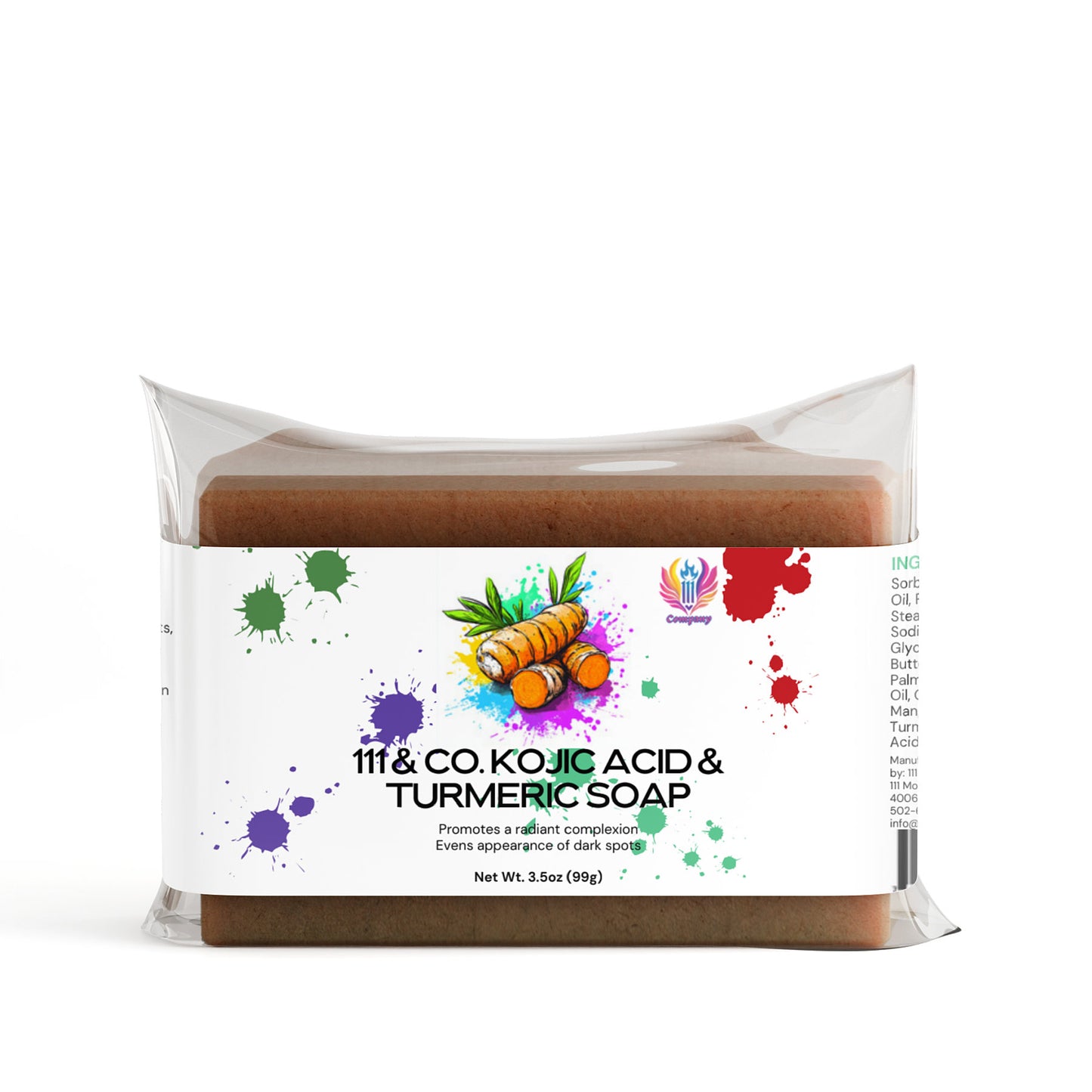 The 111 & COMPANY KOJIC ACID & TUMERIC SOAP from 111 & Company is a 3.53 oz (99g) bar, wrapped in clear plastic featuring turmeric illustrations and colorful paint splashes. It brightens the complexion and reduces dark spots for radiant skin.