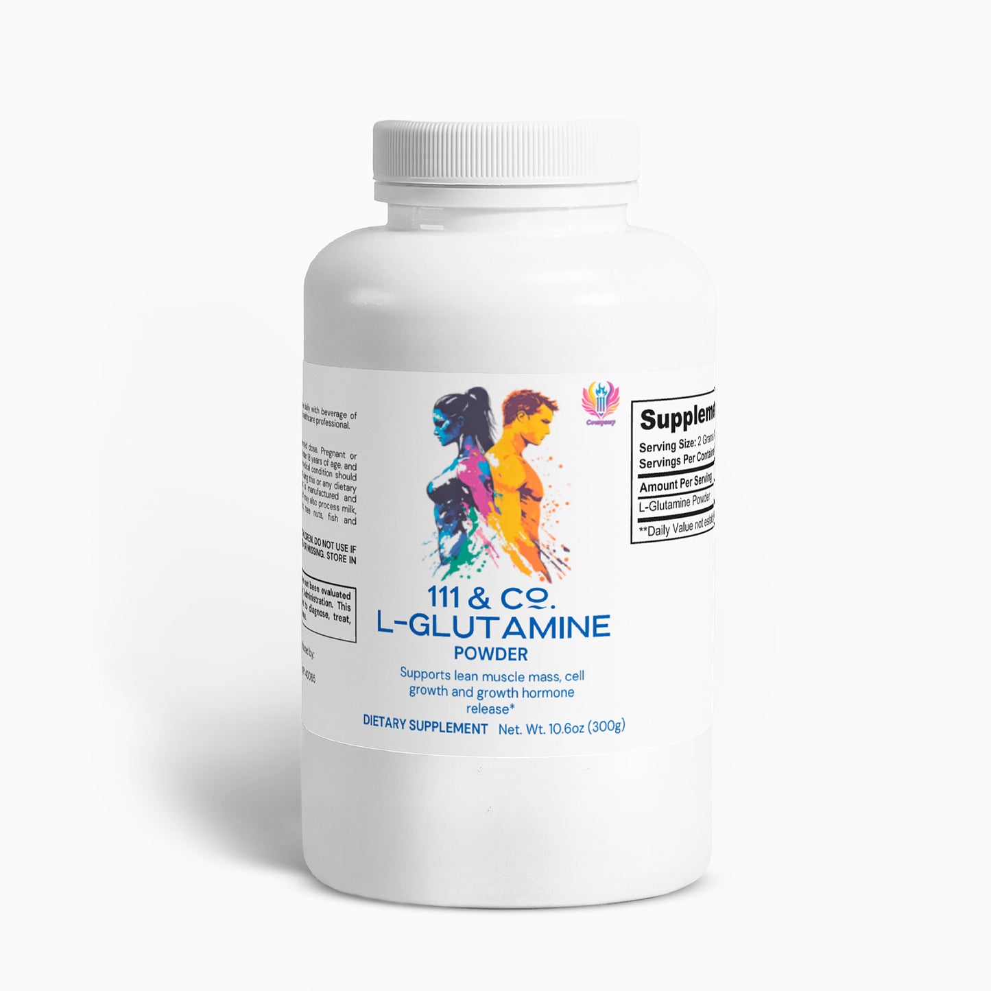 The white plastic bottle labeled 111 & COMPANY L-GLUTAMINE POWDER from 111 & Company features vibrant abstract art of a man and woman running. The label highlights benefits for lean muscle mass, cell growth, hormone release, and immune support. Contains 10.6 oz (300g) of powder with supplement facts on the side.