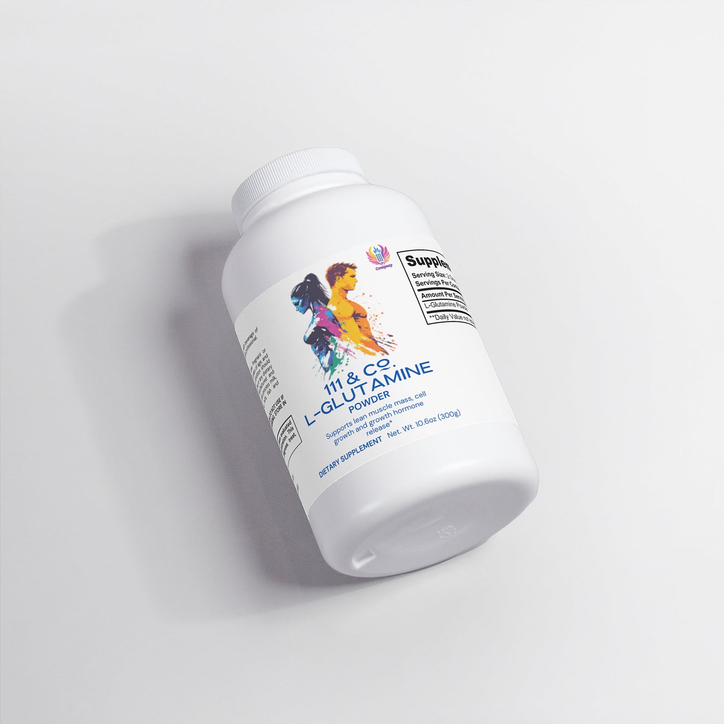 A white bottle labeled 111 & Company L-Glutamine Powder by 111 & Company features a colorful silhouette of a runner, symbolizing lean muscle mass. Holding 500g of powder with nutritional info on the side, it sits on a smooth, light grey surface.