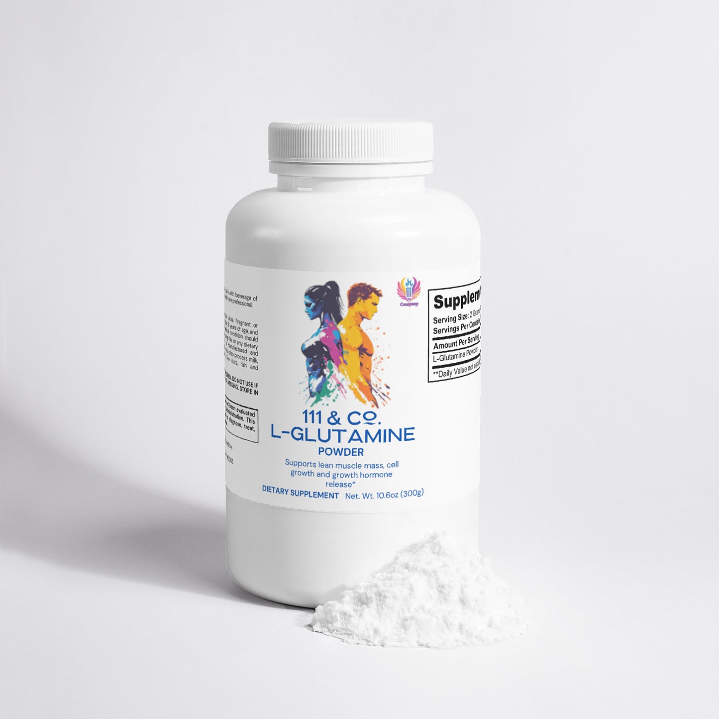 A white bottle of 111 & COMPANY L-GLUTAMINE POWDER from 111 & Company stands upright. Its label features colorful abstract designs and benefits like lean muscle mass enhancement and immune support, with a pile of white powder in front against a plain light background.