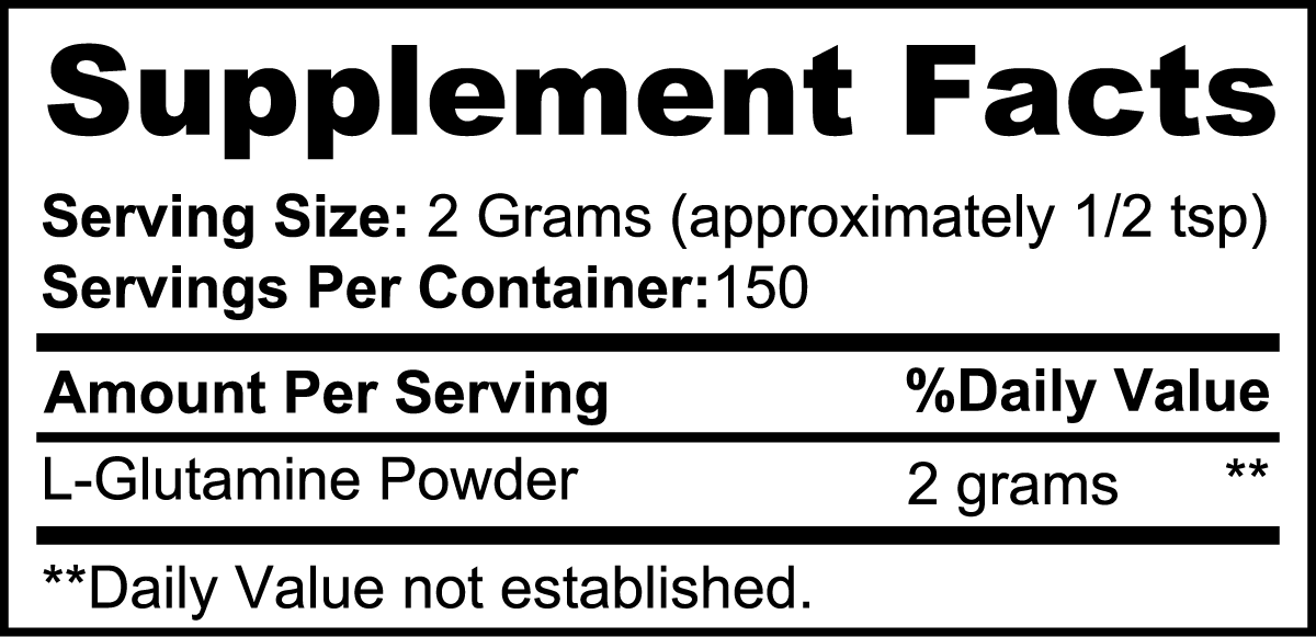 The Supplement Facts label for 111 & COMPANY L-GLUTAMINE POWDER shows a serving size of 2 grams (approx. 1/2 tsp) with 150 servings per container. Each serving contains 2g of L-Glutamine, supporting lean muscle and immune health; DV percentage not established.