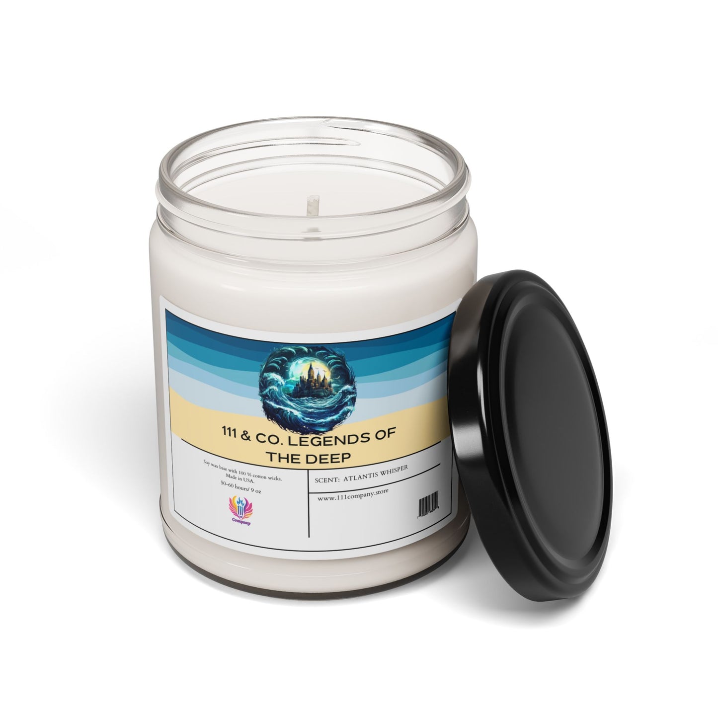 The 111 & Company soy candle in a glass jar features the 111 & Company Legends of the Deep label with a sea illustration, in an Atlantis Whisper scent. It has a black lid, is eco-friendly, and includes branding details and a website on the label. The candle is white with one wick.