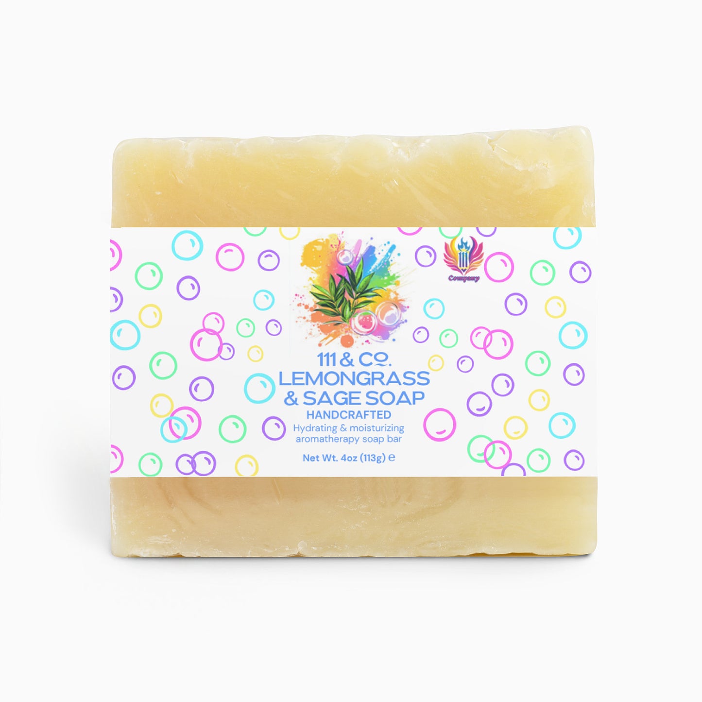 This square bar of lemongrass and sage soap is ideal for sensitive skin, wrapped in decorative paper with colorful circles and the text: 111 & COMPANY Lemongrass & Sage Soap, handcrafted with organic oils—hydrating & moisturizing aromatherapy soap bar, Net Wt. 4oz (113g). A small plant logo is visible. Brand: 111 & Company.