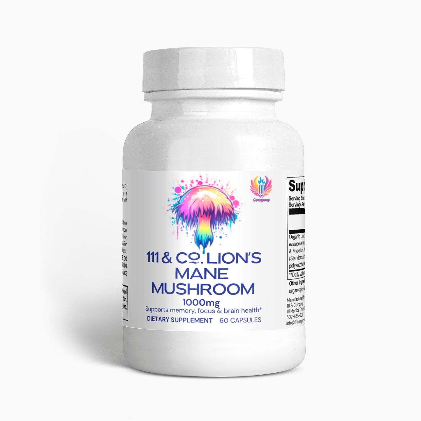 A white plastic bottle labeled 111 & COMPANY LIONS MANE MUSHROOM 1000 MG CAPSULES by 111 & Company features a colorful mushroom illustration promoting nootropic and neuroprotective benefits. It supports memory, focus, brain health, containing 60 capsules with a QR code and supplement details.