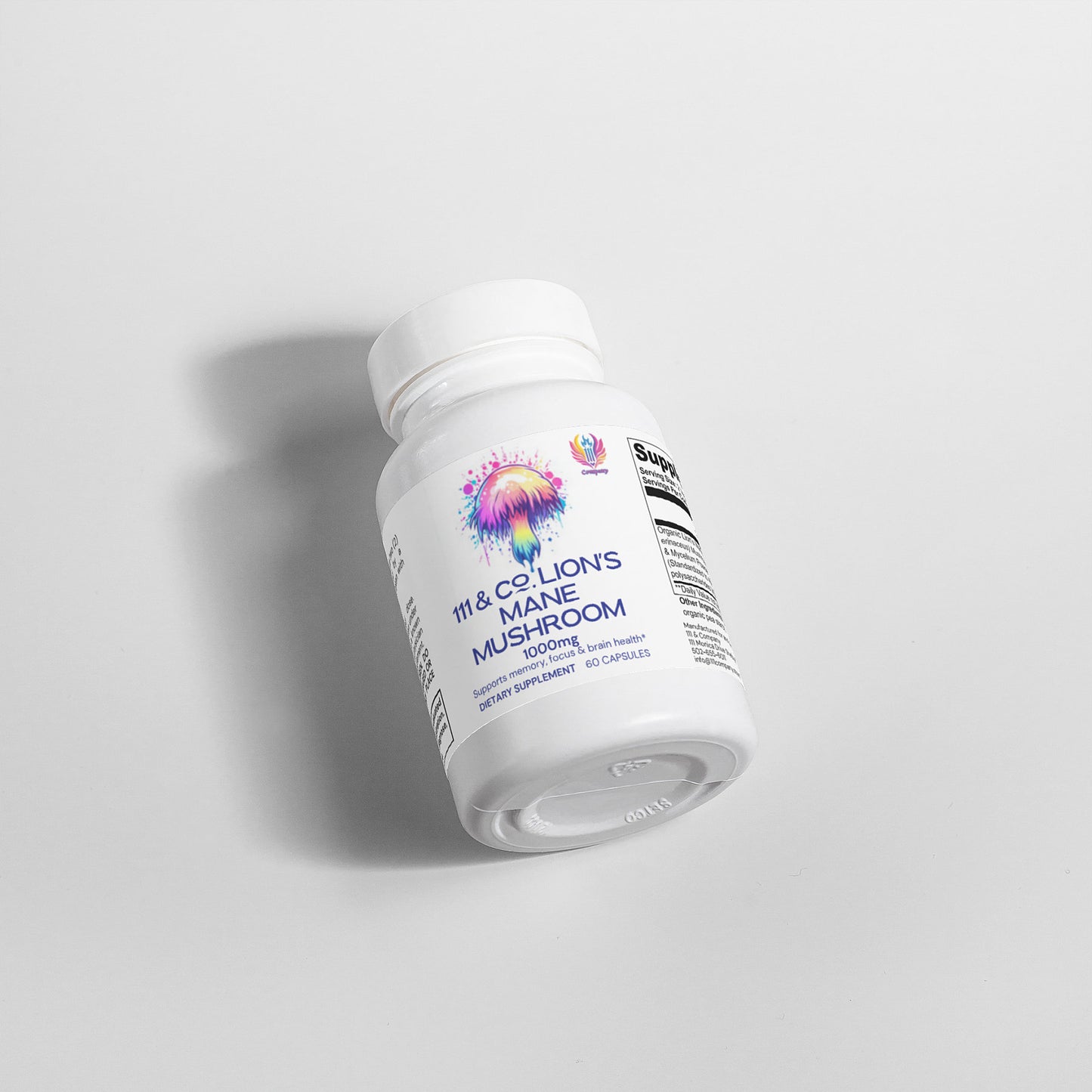 A white bottle labeled 111 & COMPANY LIONS MANE MUSHROOM 1000 MG CAPSULES by 111 & Company is set against a plain background. The label has a vibrant lions mane mushroom illustration, highlighting its nootropic and neuroprotective benefits. The tilted bottle casts a shadow on the surface.