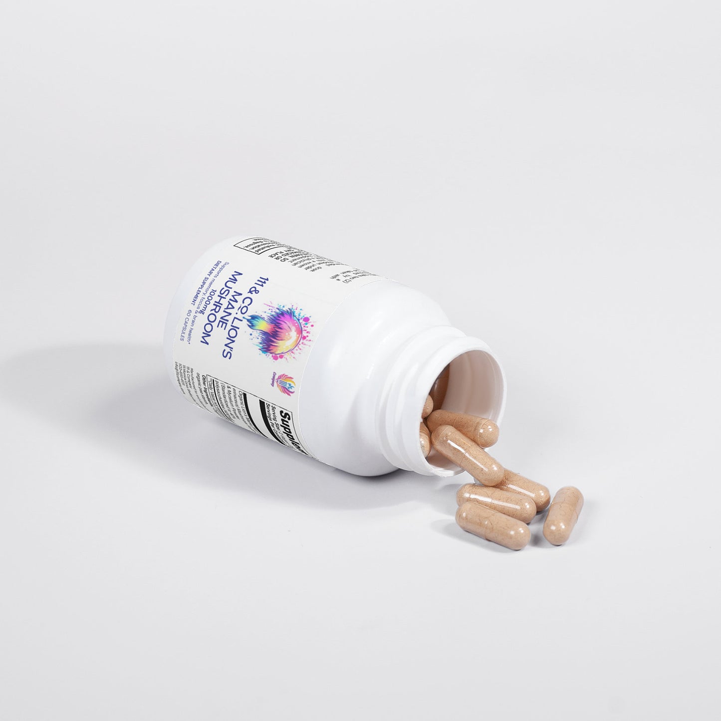 A white bottle of 111 & COMPANY LIONS MANE MUSHROOM 1000 MG CAPSULES is tipped, spilling beige capsules on a white surface. The label emphasizes neuroprotective effects with colorful graphics and text, showcasing the Lions Mane Mushroom, and displays a visible barcode.