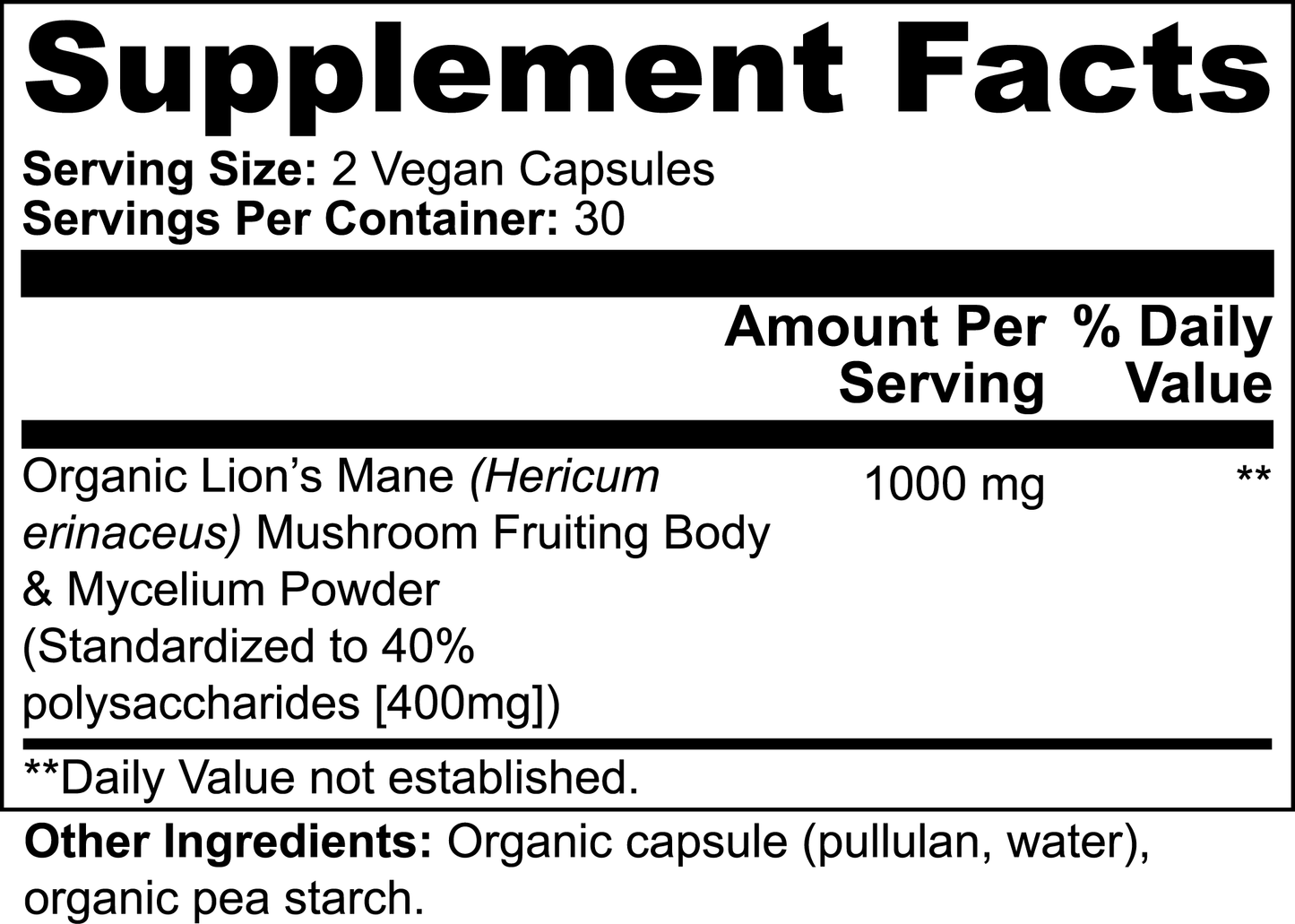 111 & COMPANY Lions Mane Mushroom 1000 mg capsules feature a supplement facts label indicating a serving size of 2 vegan capsules, with 30 servings per container. Contains neuroprotective Lions Mane Mushroom. Other ingredients: organic capsule (pullulan, water), organic pea starch. Daily value not established.