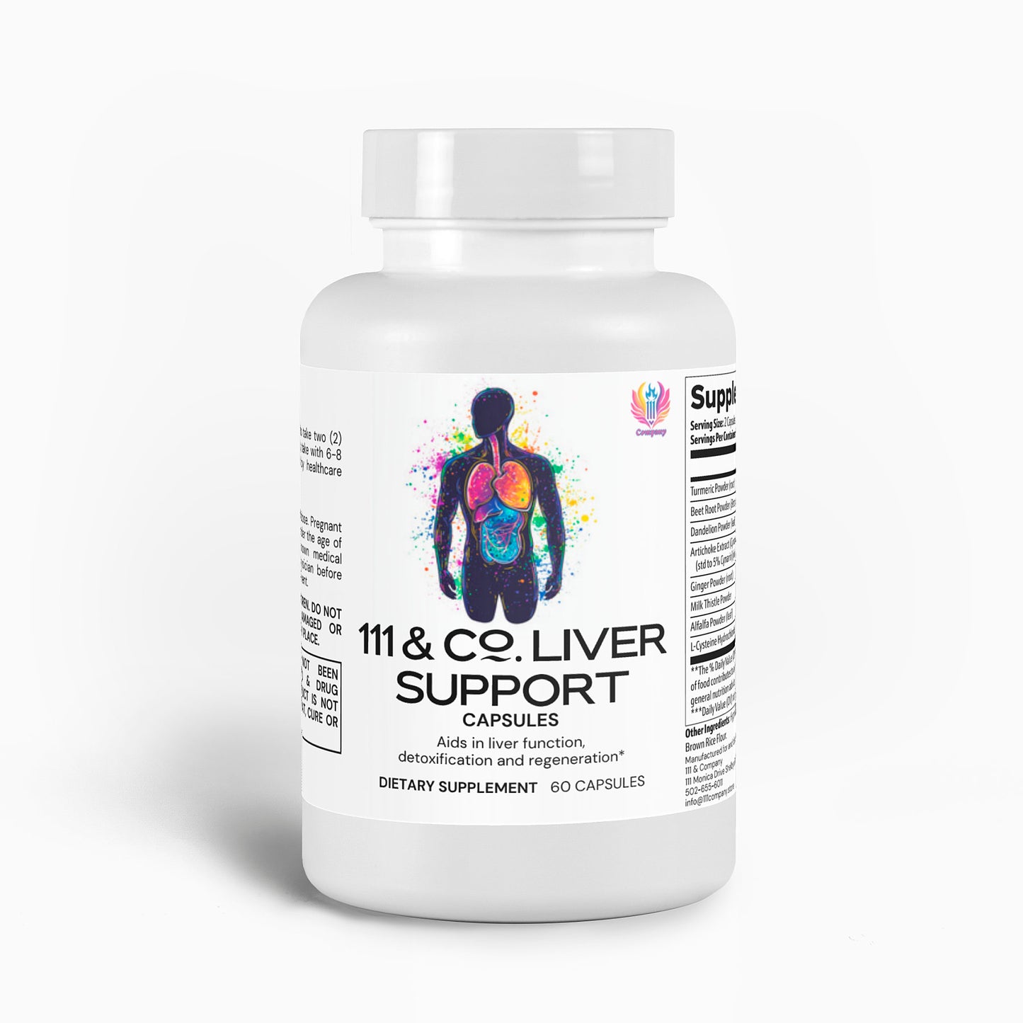 A white bottle of 111 & COMPANY LIVER SUPPORT CAPSULES by 111 & Company is shown, featuring a colorful liver graphic. The label reads: Aids in liver function, detoxification, and regeneration, highlighting natural ingredients. The bottle contains 60 capsules.