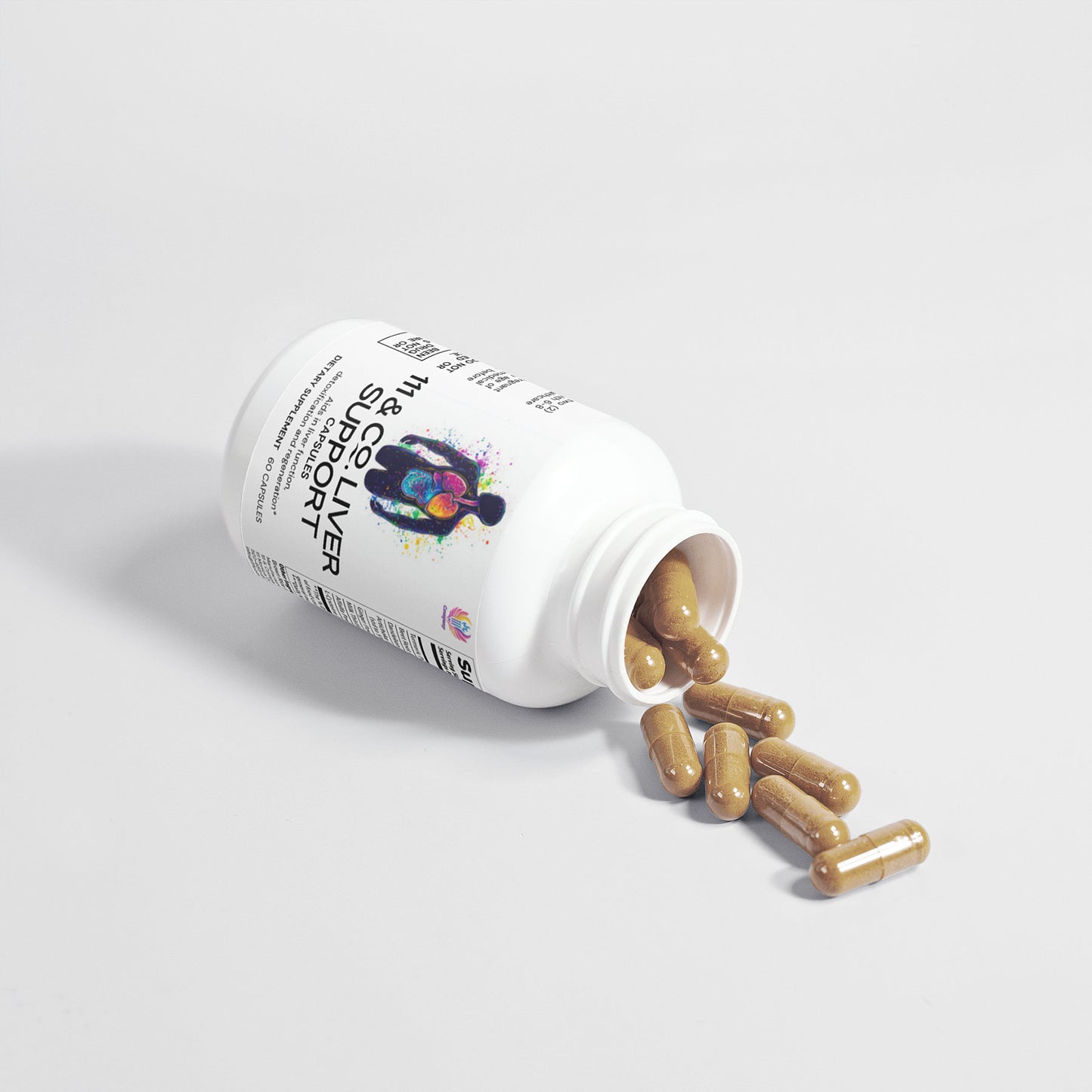 A white bottle labeled 111 & COMPANY LIVER SUPPORT CAPSULES by 111 & Company rests on its side on a pristine surface. Several beige capsules, filled with natural liver support and detox ingredients, spill from the open bottle. The label features vibrant abstract art.