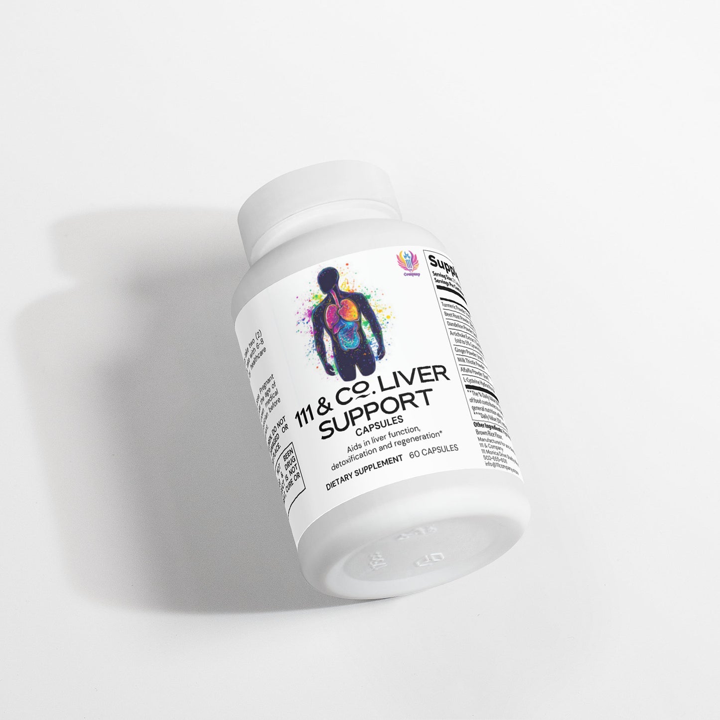 A bottle labeled 111 & COMPANY LIVER SUPPORT CAPSULES from 111 & Company features a silhouette and colorful internal illustrations highlighting natural detox ingredients. It is noted for dietary supplementation with 60 capsules, positioned at an angle against a light background.