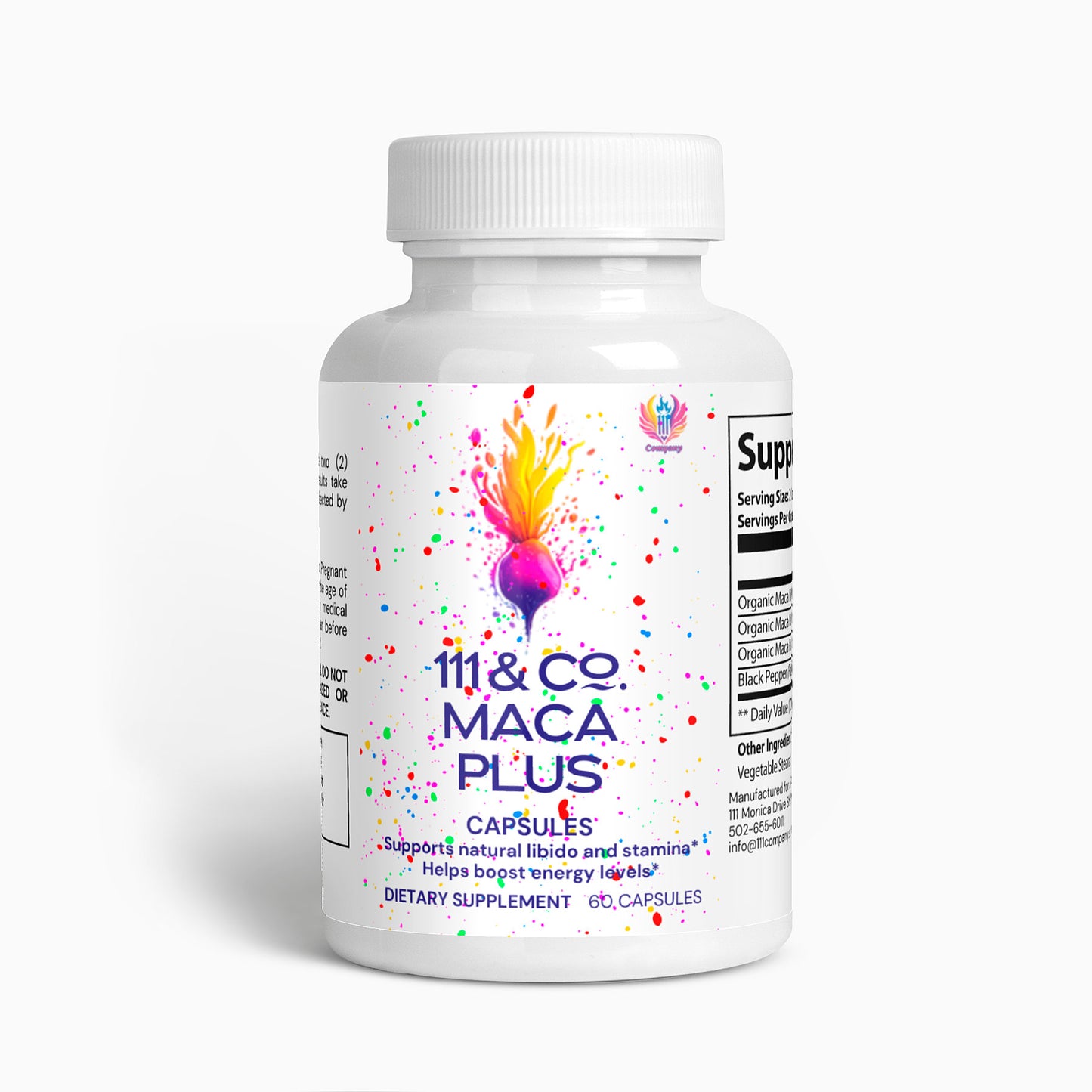 A white bottle of 111 & COMPANY MACA PLUS CAPSULES from 111 & Company stands against a plain background. The label displays a colorful splash with a purple abstract design, highlighting benefits like Supports natural libido and stamina, Energy enhancement, and dosage details for this Maca supplement.