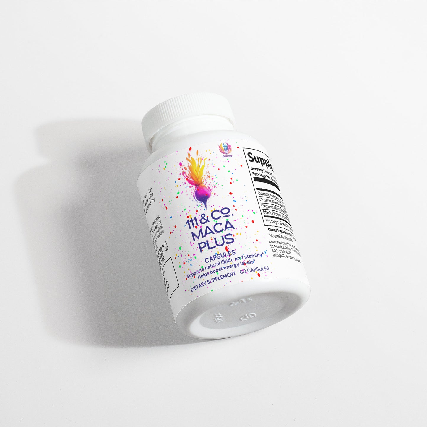 A bottle of 111 & COMPANY MACA PLUS CAPSULES is showcased on a pristine backdrop. The label features colorful splashes and reads Maca Plus, highlighting its energy enhancement and fertility support benefits, with details, a barcode, and 60 capsules included.