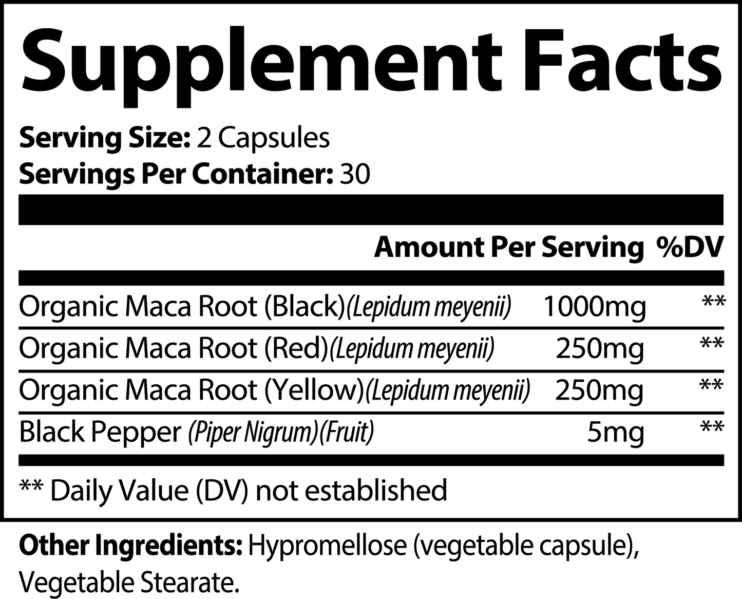 The 111 & COMPANY MACA PLUS CAPSULES by 111 & Company boast a black and white supplement facts label. Each serving delivers fertility-supporting 1000mg Black, 250mg Red, and 250mg Yellow Organic Maca Root plus 5mg Black Pepper to boost energy, with Hypromellose and Vegetable Stearate as other ingredients.