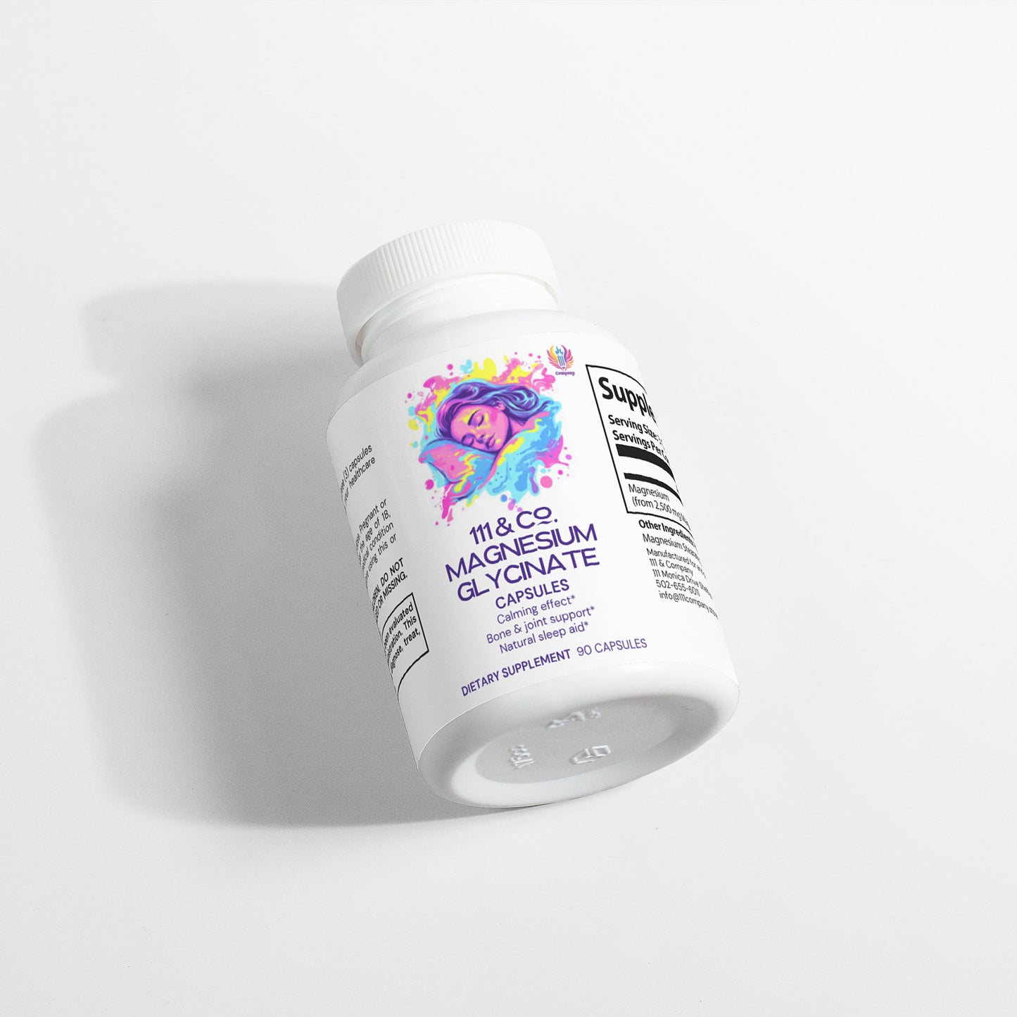 A bottle of 111 & Company Magnesium Glycinate Capsules sits against a white background, featuring a colorful logo with a womans face and vibrant splashes, reflecting its vitality. Containing 90 capsules, this bioavailable magnesium supports calmness and relaxation.
.