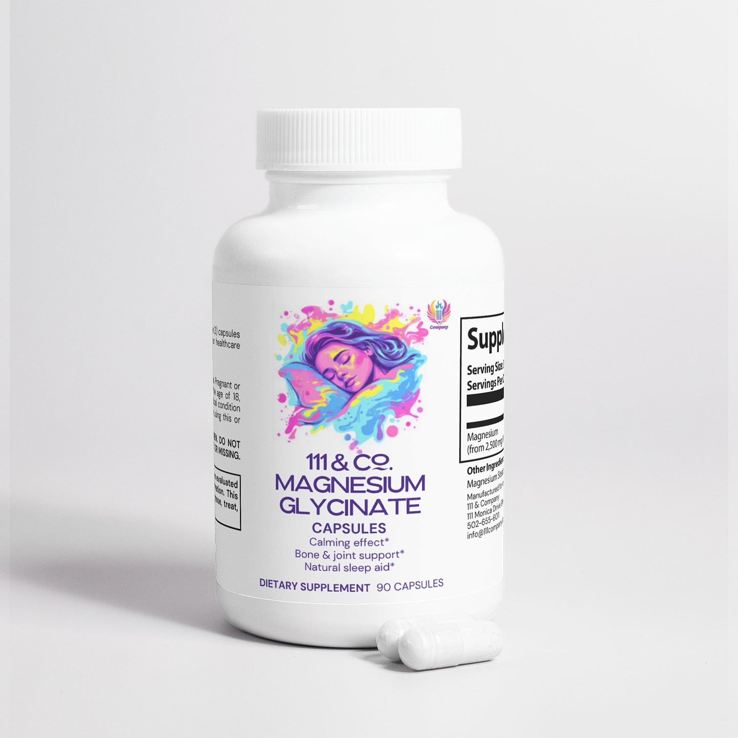 A white bottle labeled 111 & COMPANY MAGNESIUM GLYCINATE CAPSULES by 111 & Company has an illustration of a sleeping person. Known for calming effects, bone and joint support, and aiding natural sleep, it contains 90 capsules with two capsules beside it on a white surface.