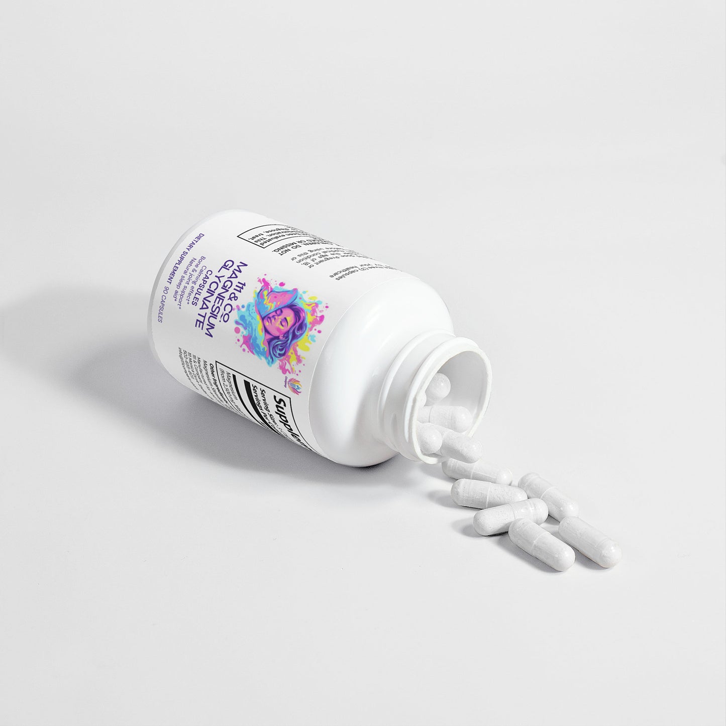 A white bottle labeled 111 & COMPANY MAGNESIUM GLYCINATE CAPSULES from 111 & Company, featuring a colorful person illustration, lies on its side with white capsules spilling out. Set against a light gray background, the label includes black and colorful text and design elements.