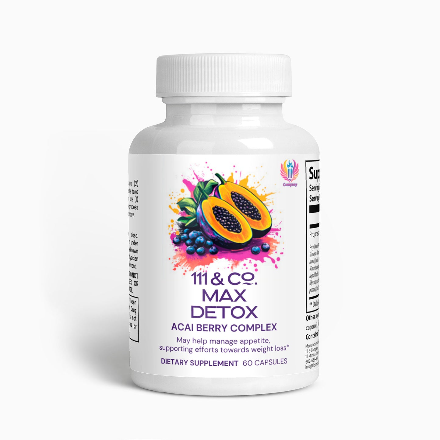 A white bottle labeled 111 & COMPANY MAX DETOX (ACAI DETOX) CAPSULES shows papaya, acai berries, and blueberries illustrations. It promotes natural ingredients to help manage appetite for weight loss. The dietary supplement from 111 & Company offers 60 capsules with the logo in the top right corner.