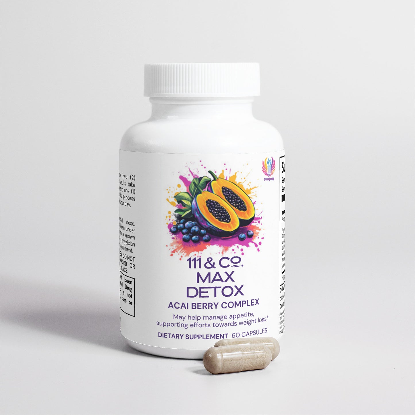 A white bottle labeled 111 & Company Max Detox (Acai Detox) Capsules by 111 & Company features vibrant berry and slice illustrations, promising appetite control and weight loss benefits. Next to it is one beige capsule. This dietary supplement bottle contains 60 capsules.