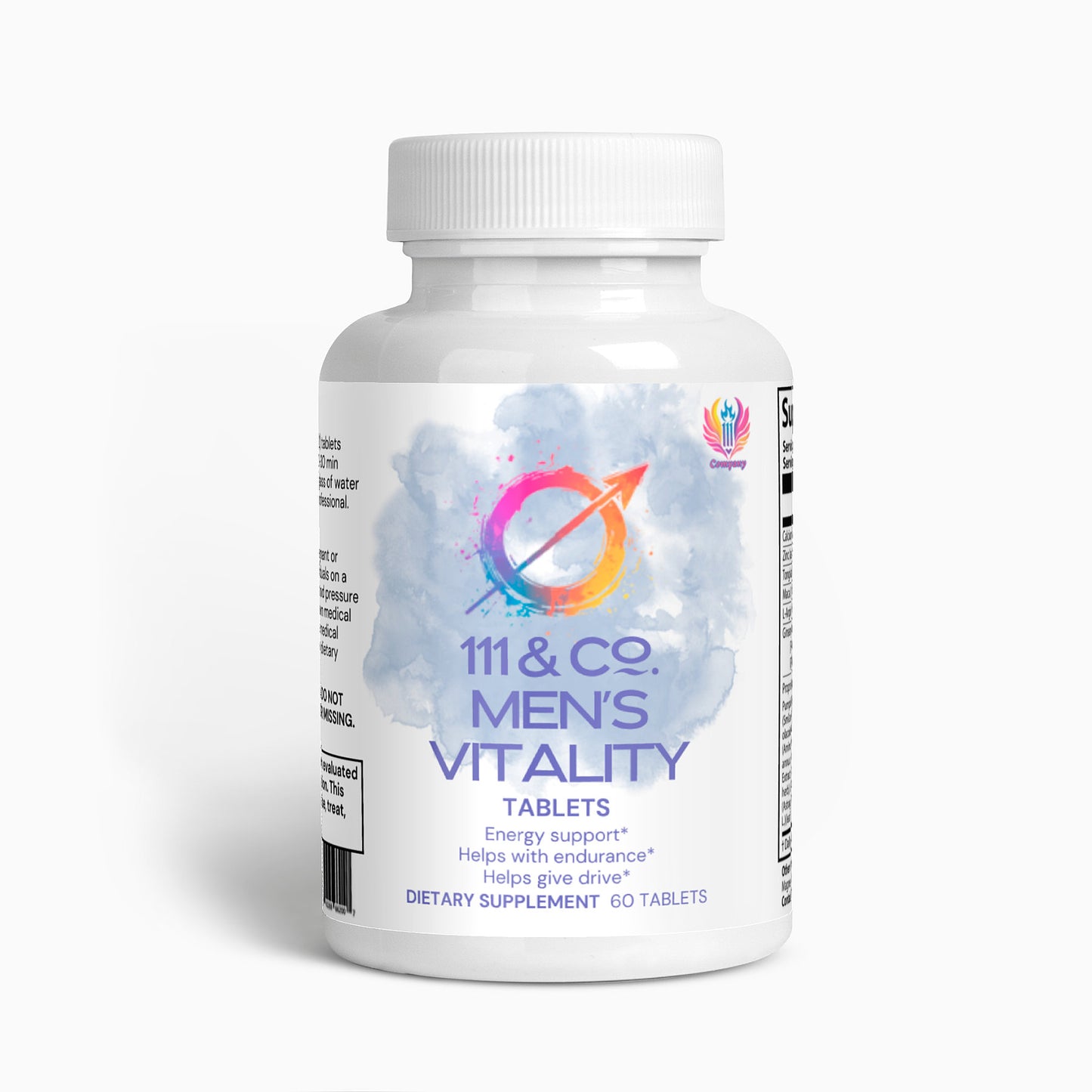 A white bottle labeled 111 & Company Mens Vitality Tablets by 111 & Company showcases a vibrant logo of a circle with an arrow. Text emphasizes energy support, endurance, and libido improvement for male enhancement. Contains 60 tablets in a striking design against a clean background.