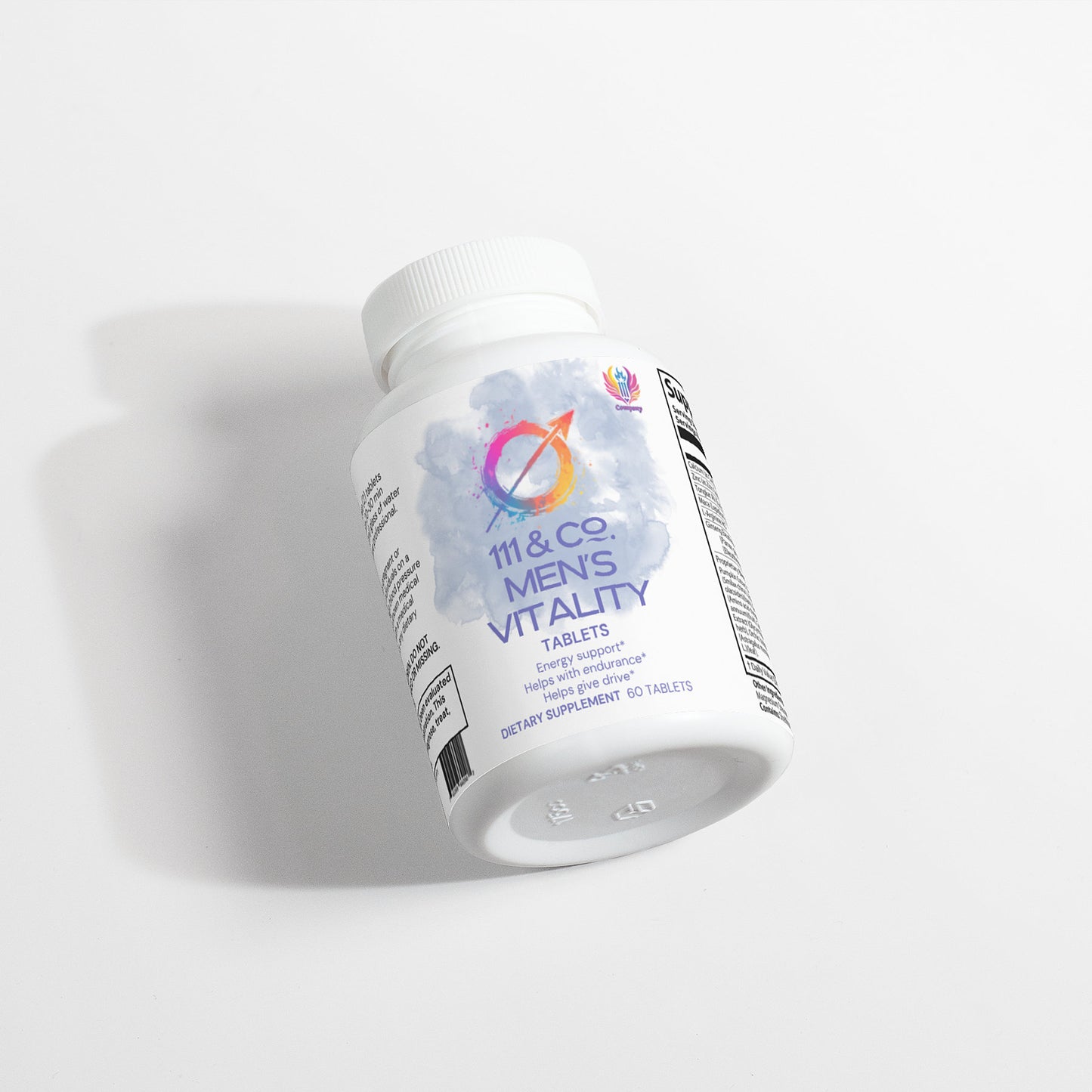 A white bottle labeled 111 & COMPANY MENS VITALITY TABLETS by 111 & Company features a vibrant logo and abstract design. It touts male enhancement benefits with Tongkat Ali for libido improvement. The tilted bottle casts a soft shadow on a plain white surface, with a barcode visible on the side.