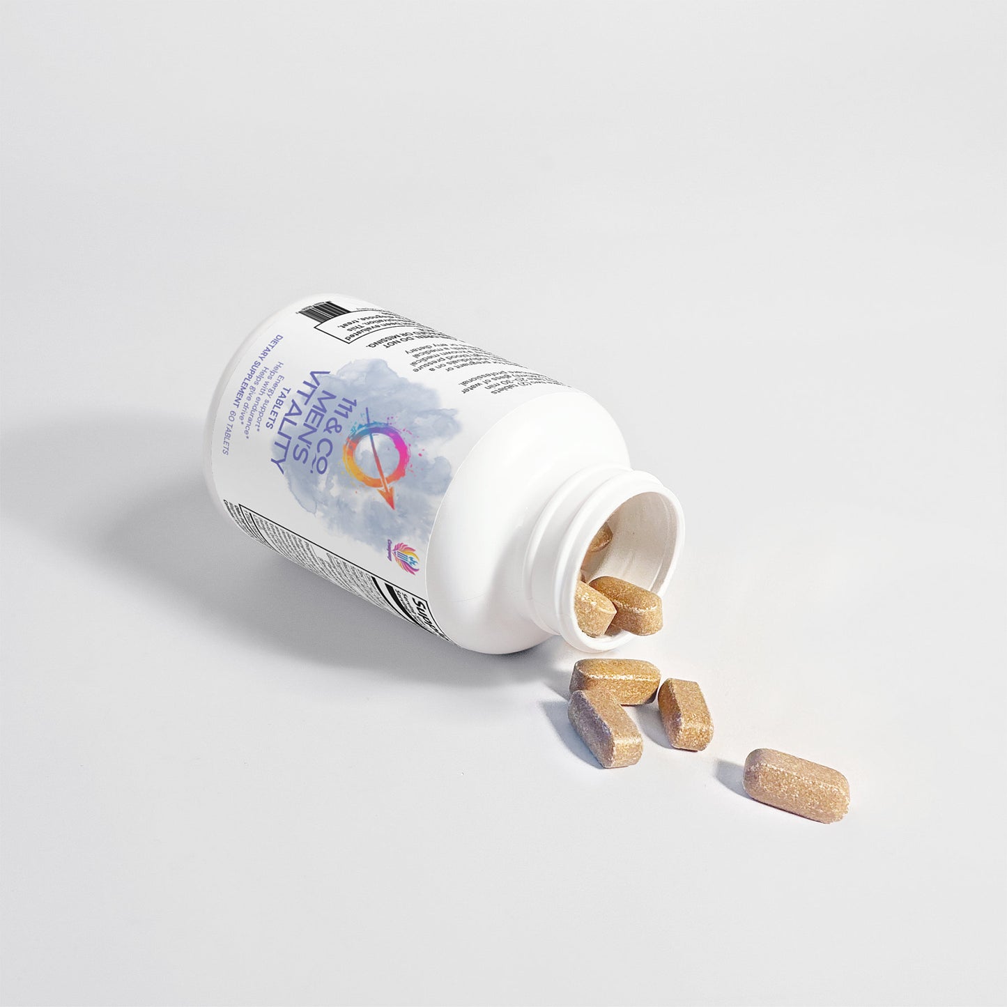 A white bottle labeled 111 & COMPANY MENS VITALITY TABLETS by 111 & Company is on its side, spilling tan, oblong tablets. The vibrant design is partly visible with tablets likely for male enhancement. The bottles shadow extends left, showing light from the right.