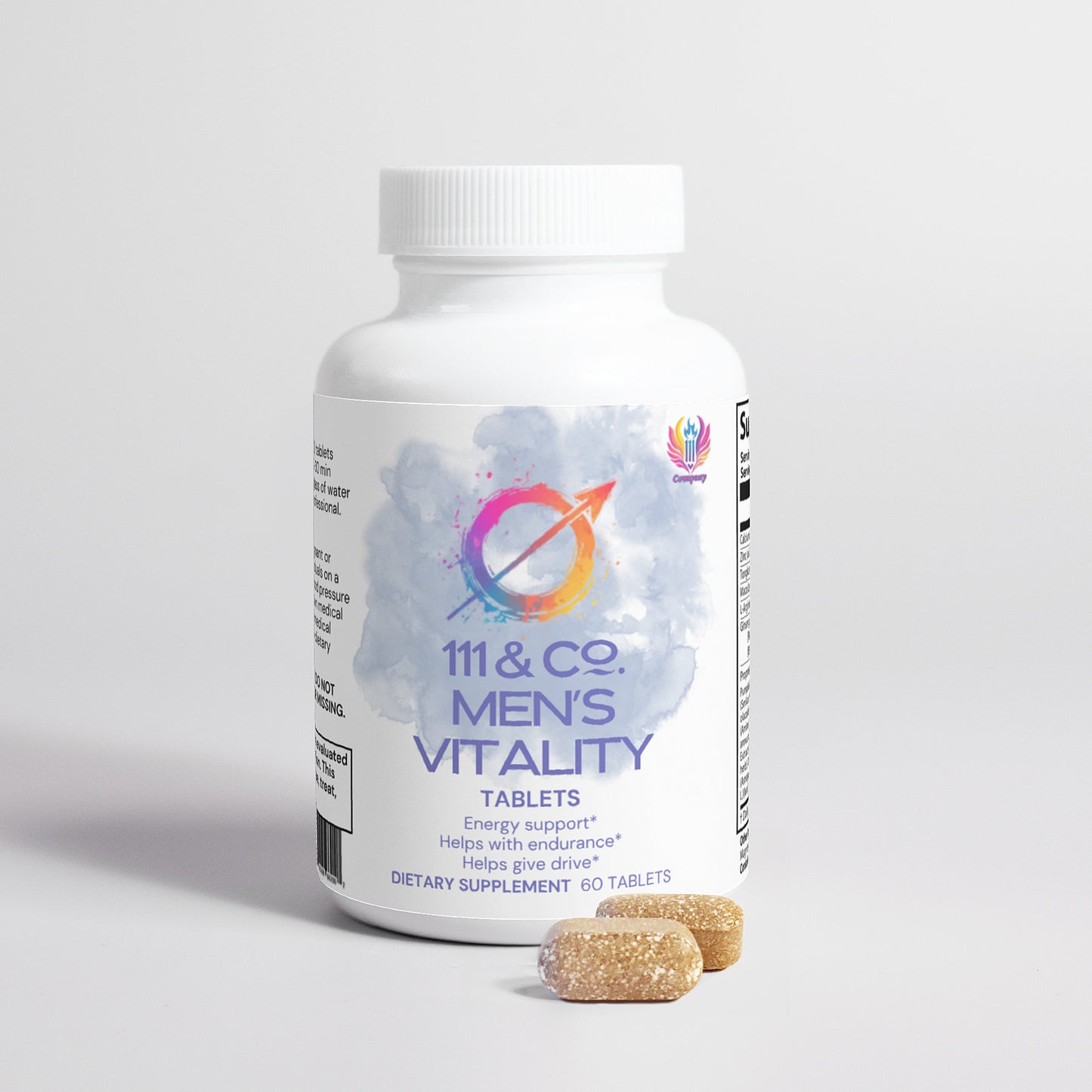 A white bottle labeled 111 & COMPANY MENS VITALITY TABLETS by 111 & Company is centered on a light background. The label displays a colorful circular logo with claims like Energy support and Helps with endurance. Enhanced with Tongkat Ali for libido, four tan tablets lie beside it.