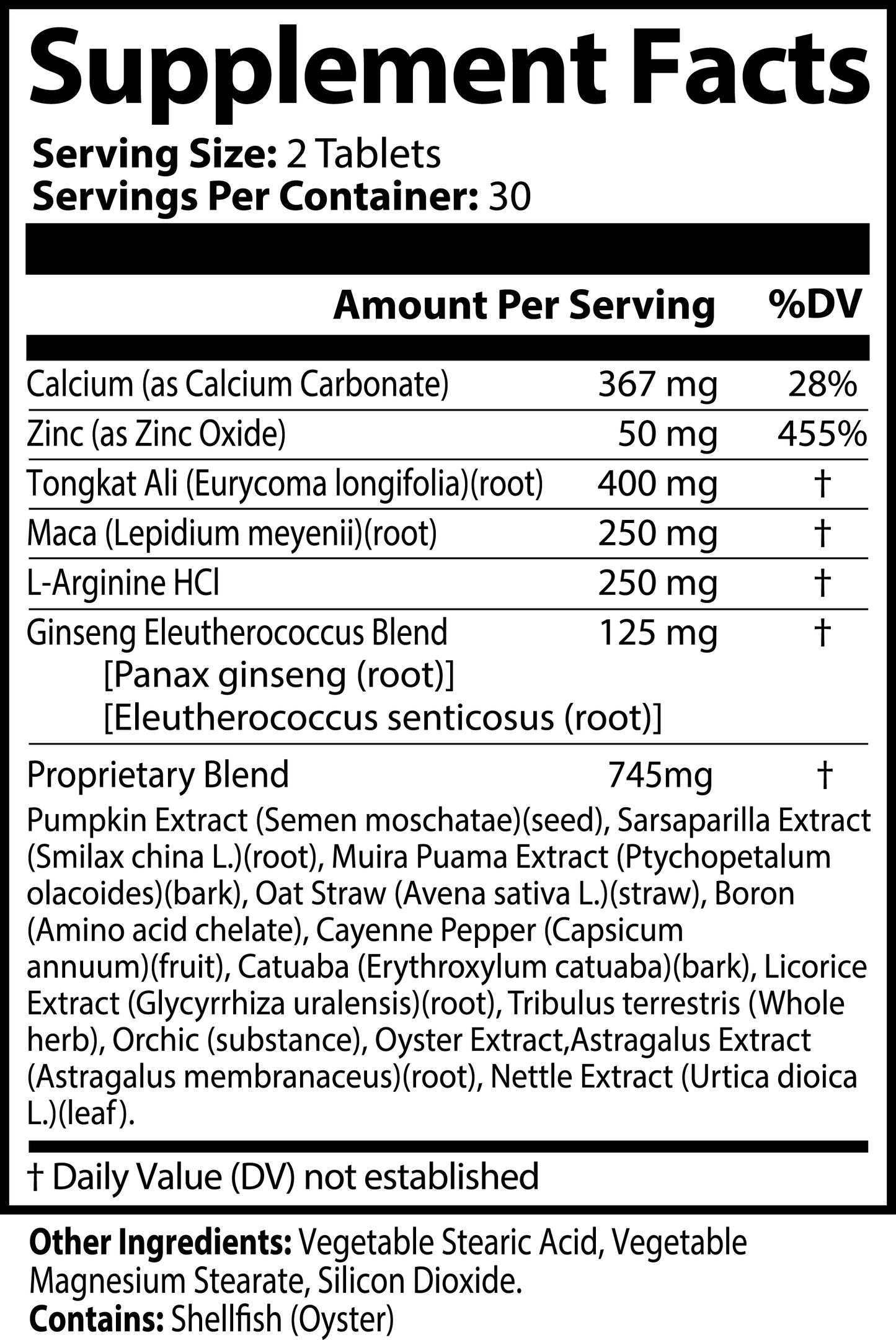 The Supplement Facts for 111 & COMPANY MENS VITALITY TABLETS by111 & Company lists a serving size of 2 tablets and 30 servings per container. It features calcium, zinc, tongkat ali, maca, a proprietary blend of 745mg, usage directions, and a shellfish allergen warning.