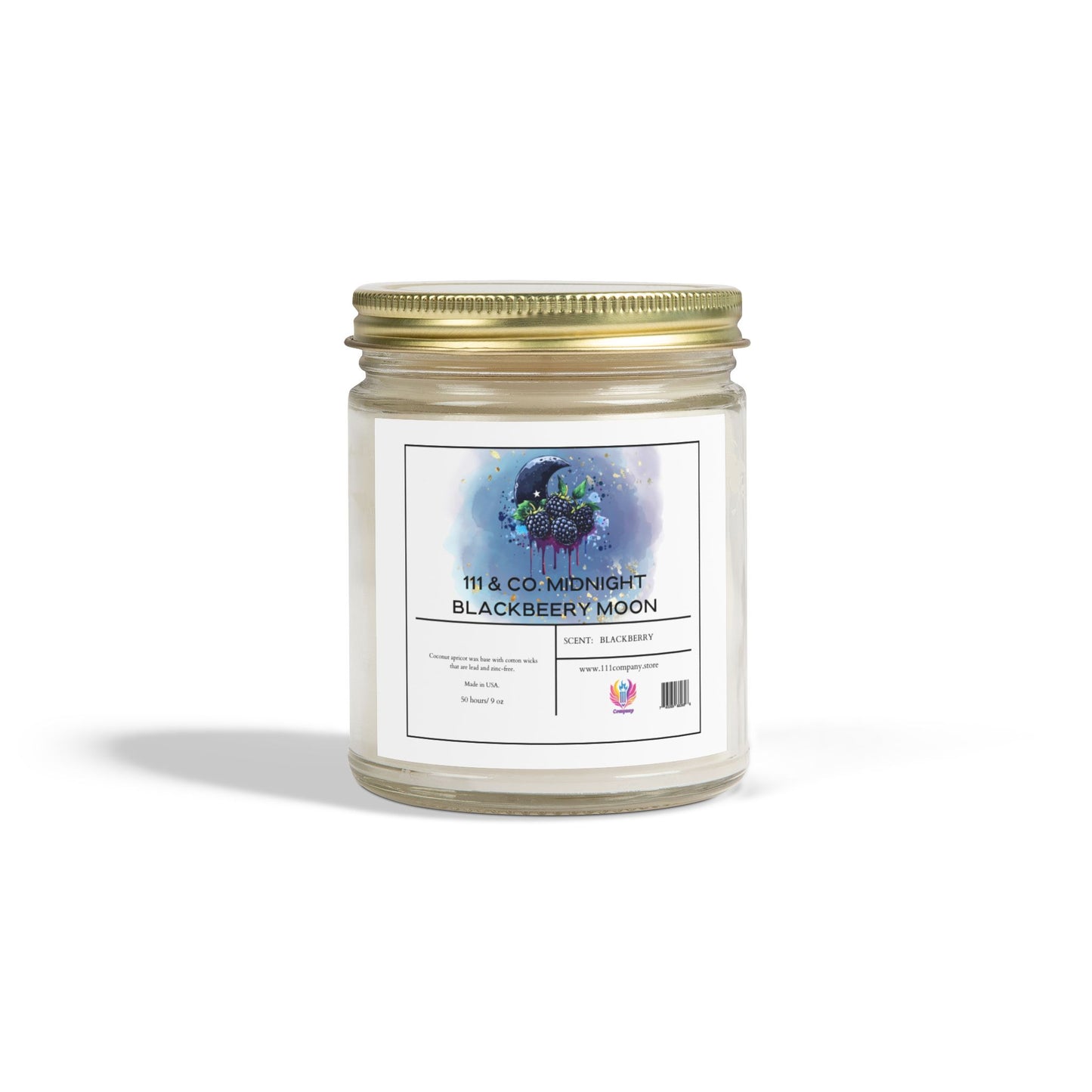 The 111 & Company Midnight Blackberry Moon candle by 111 & Company features an amber jar and gold lid, adorned with blackberries and a crescent moon over watercolor splashes. Made from coconut apricot wax, it releases a fruity aroma like lush blackberries under a midnight sky.