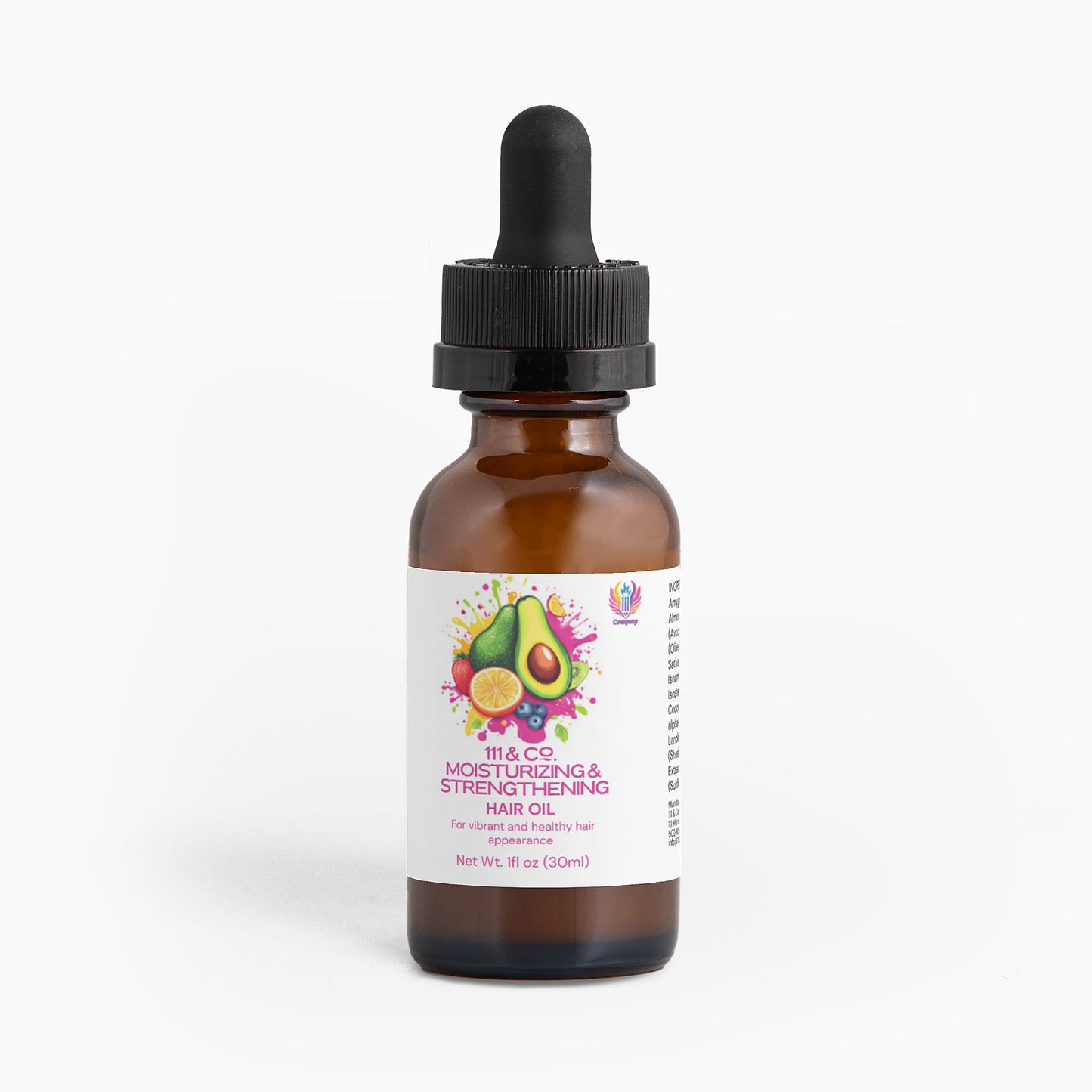 A brown glass dropper bottle with a black cap labeled 111 & COMPANY MOISTURIZING AND STRENGTHENING HAIR OIL by 111 & Company features avocado and floral images. The 1 fl oz (30 ml) bottle offers nourishing care with natural hair ingredients against a plain white background.