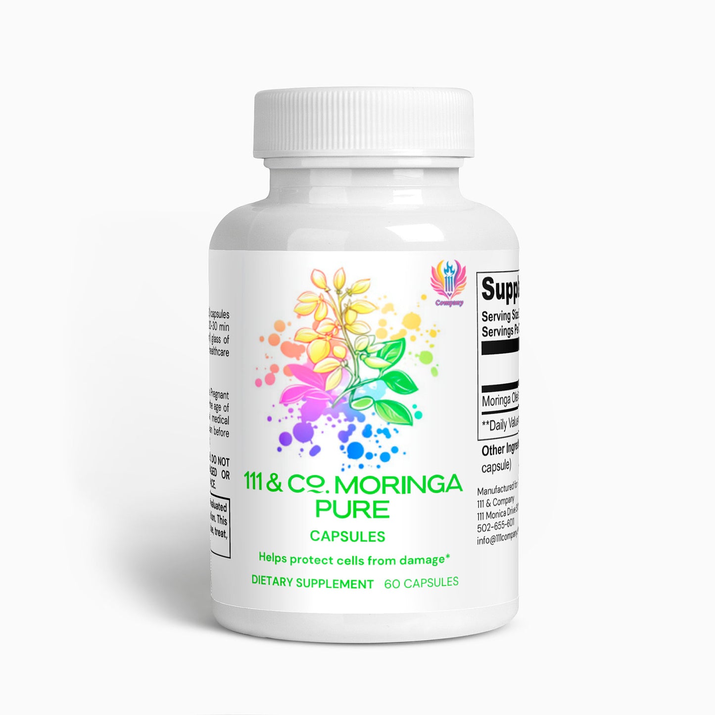 A white bottle labeled 111 & Company Moringa Pure Capsules by 111 & Company shows vibrant Moringa Oleifera graphics. The product claims to protect cells, contains 60 vegan capsules, and includes dosage instructions with a bold logo.