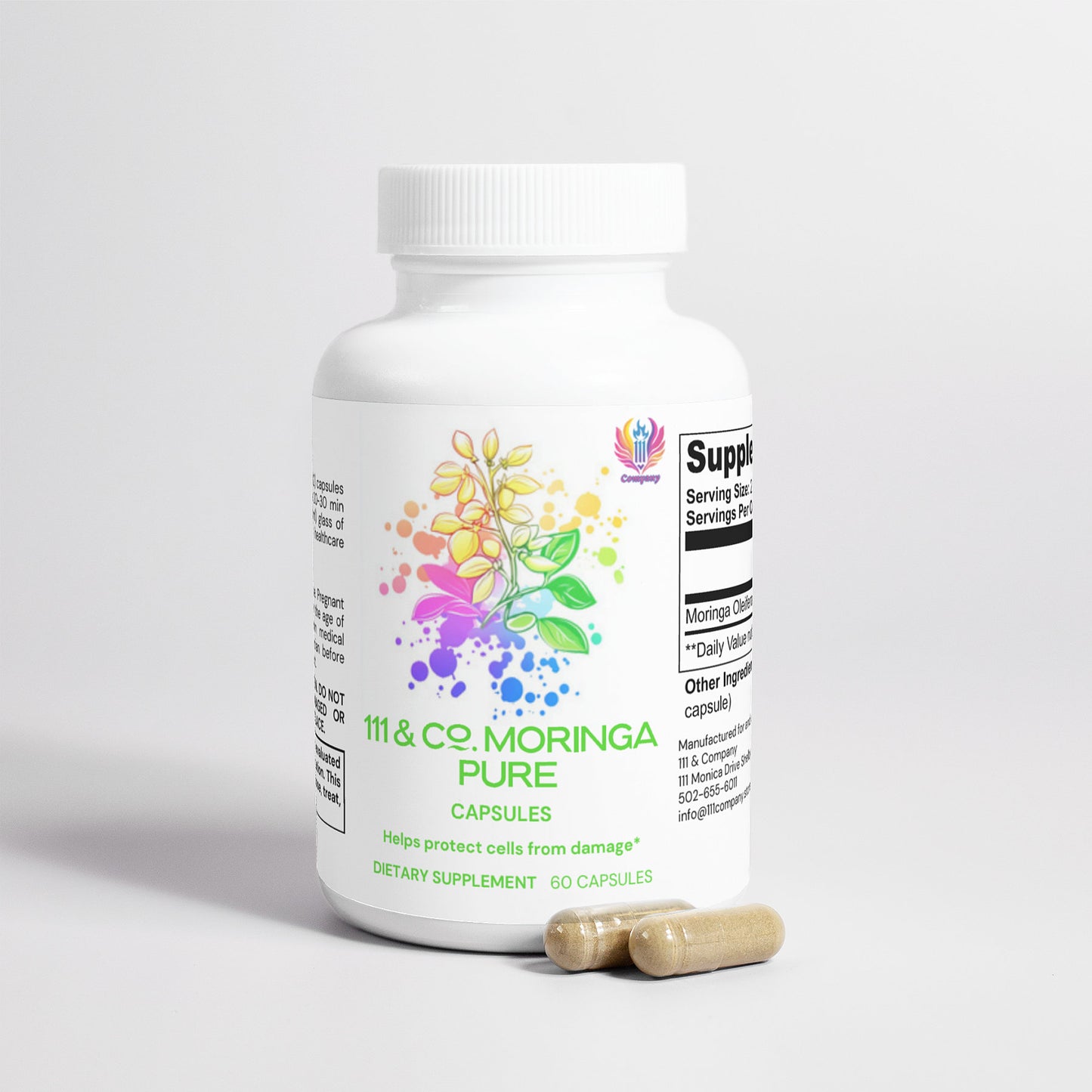 The white bottle of 111 & COMPANY MORINGA PURE CAPSULES from 111 & Company features a vibrant leaf design, promoting its nutrient benefits. It claims to help protect cells and is a vegan-friendly supplement with 60 capsules; alongside it, two beige capsules flank the white screw cap.