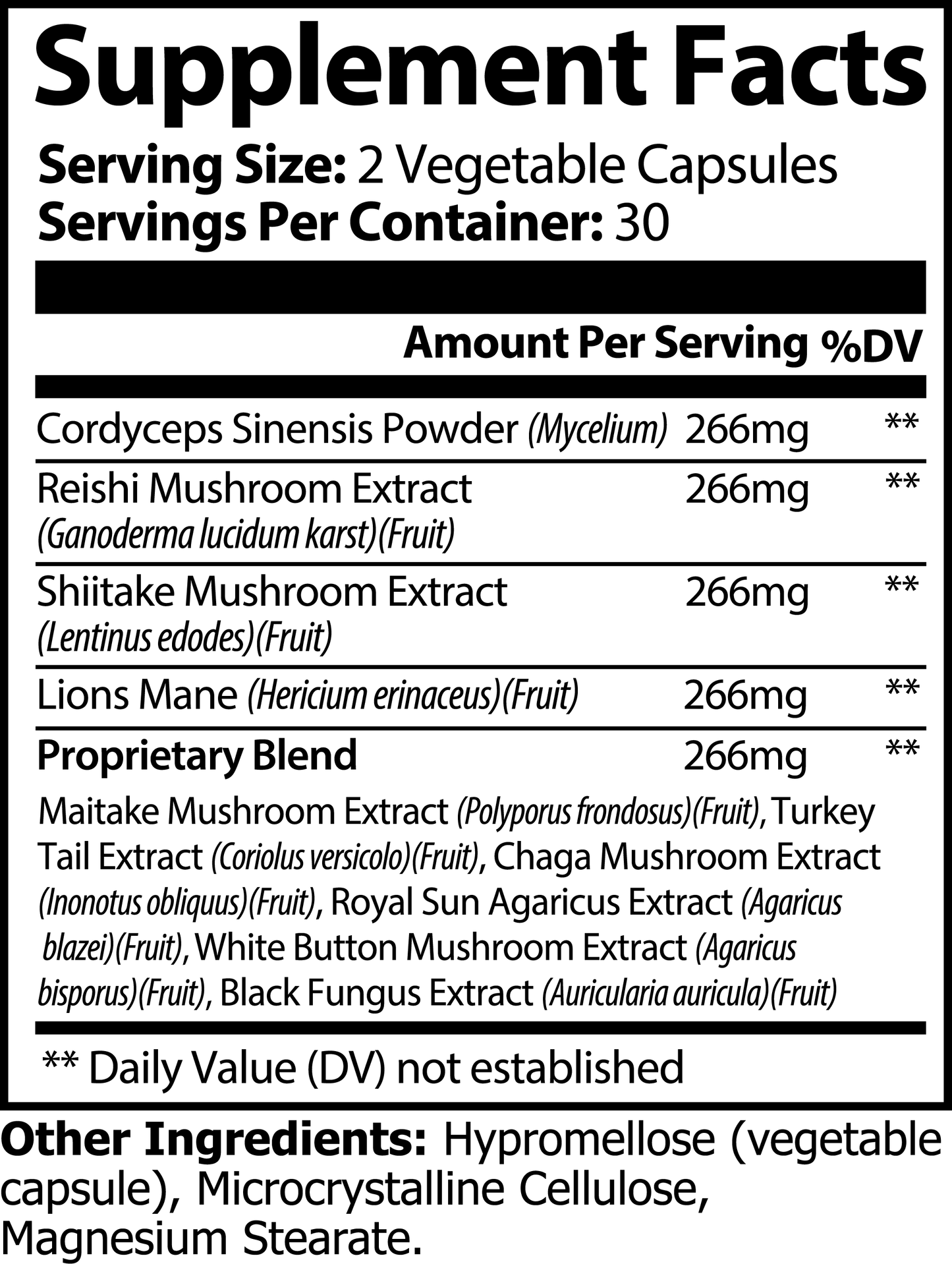 The 111 & COMPANY MUSHROOM COMPLEX 10 X CAPSULES by 111 & Company offers a supplement facts label for mushroom supplements. Serving size is 2 vegetable capsules with 30 servings per container, featuring a proprietary blend including adaptogenic Cordyceps Sinensis and Shiitake, plus Hypromellose and Magnesium Stearate.