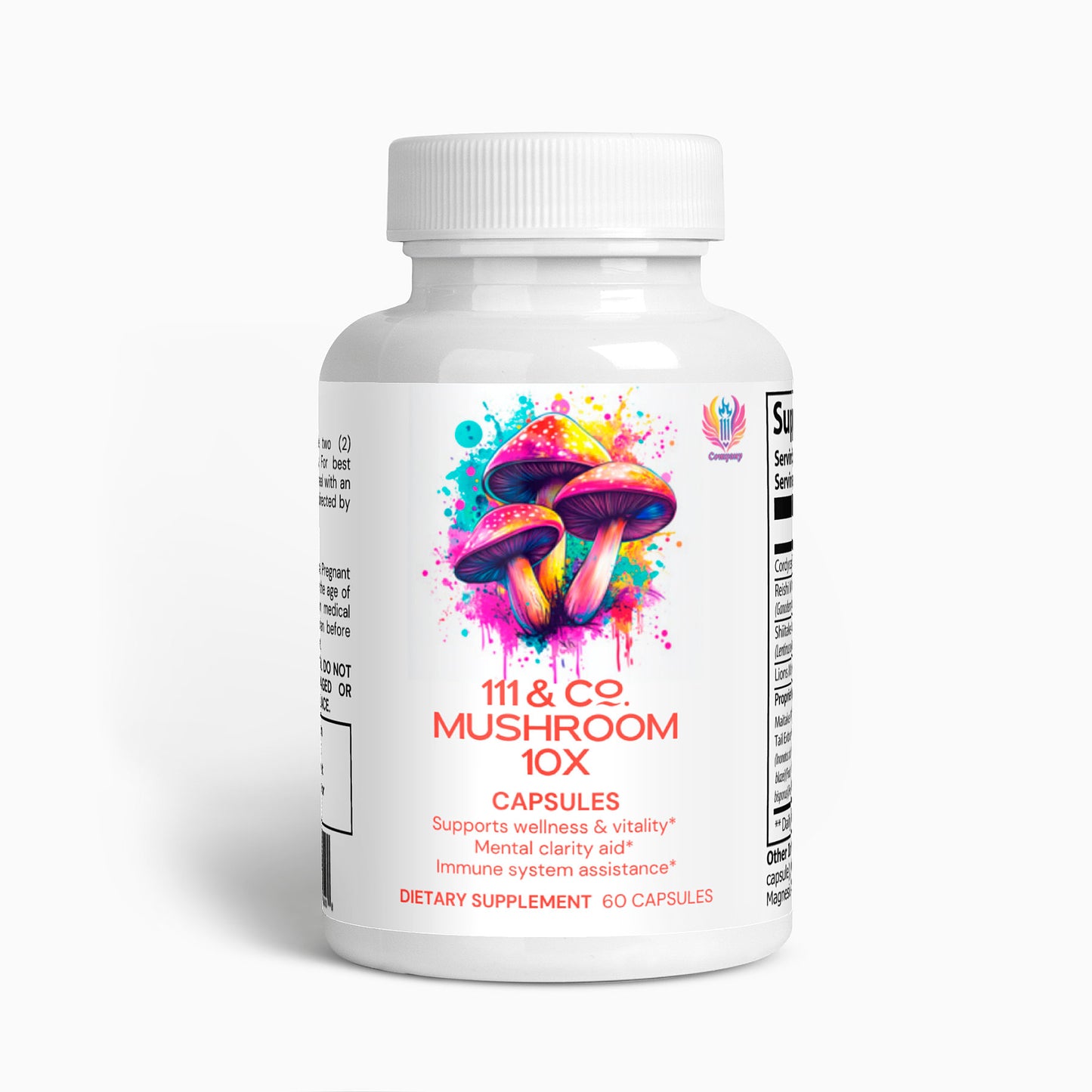The white bottle of 111 & COMPANY MUSHROOM COMPLEX 10 X CAPSULES showcases abstract mushrooms in pink, purple, and blue. The packaging notes benefits such as wellness, vitality, mental clarity, and immune support from adaptogenic medicinal mushrooms. Contains 60 capsules.