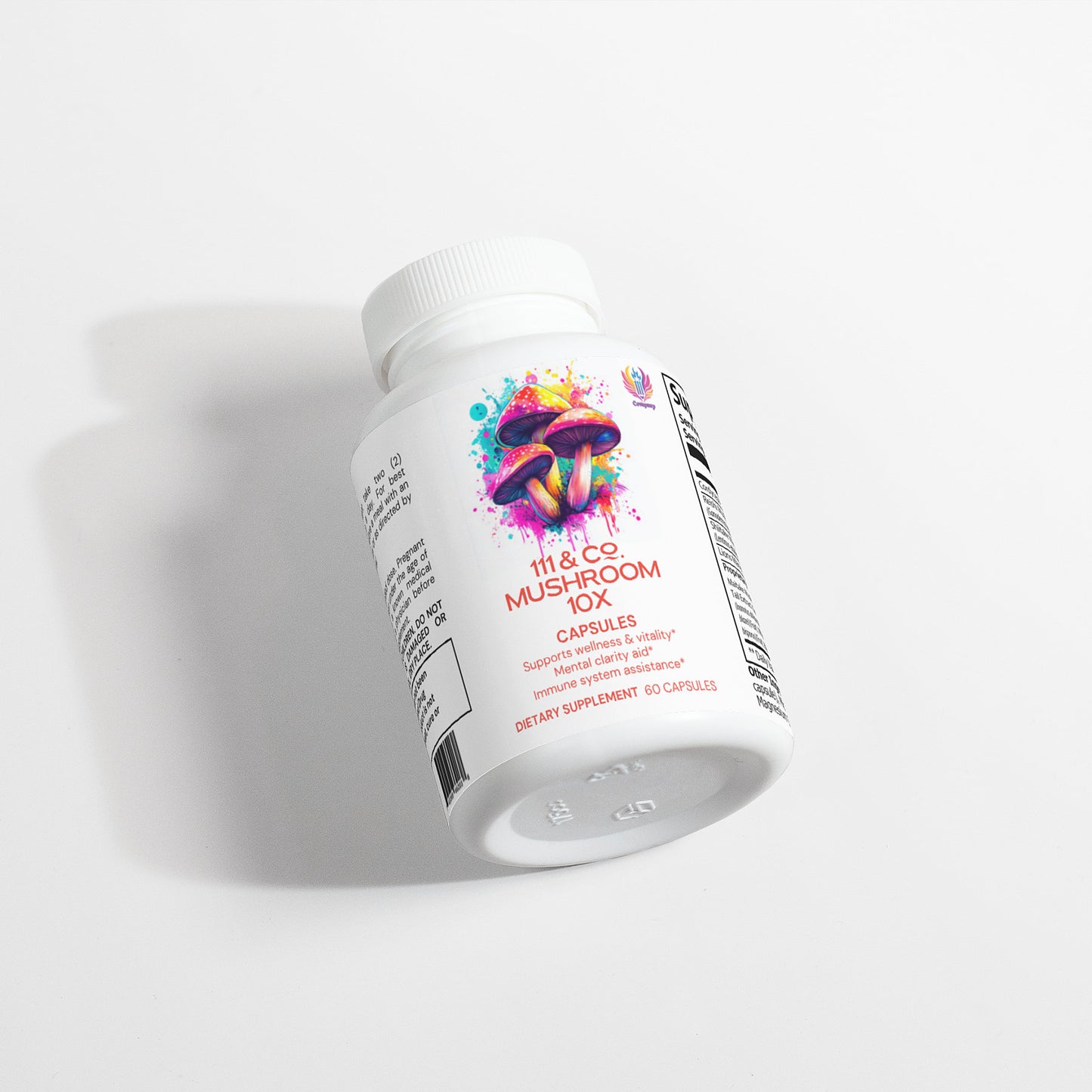 A white bottle of 111 & COMPANY MUSHROOM COMPLEX 10 X CAPSULES from 111 & Company sits on a light surface. The vibrant label with mushroom illustrations reads Supercharges Vitality and Dietary Supplement 60 Capsules, with nutritional information displayed on the side.