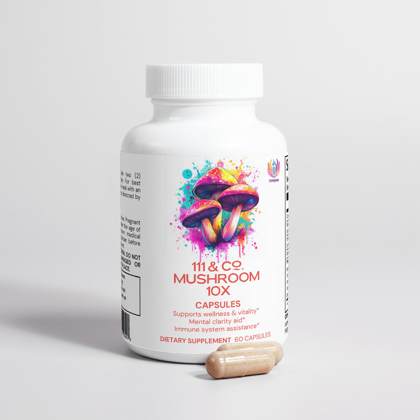 The 111 & Company Mushroom Complex 10X Capsules bottle, with a vibrant mushroom illustration, leverages adaptogenic medicinal mushrooms to boost wellness, vitality, mental clarity, and immunity. It contains 60 capsules; two are placed beside the 111 & Company branded bottle on a light surface.