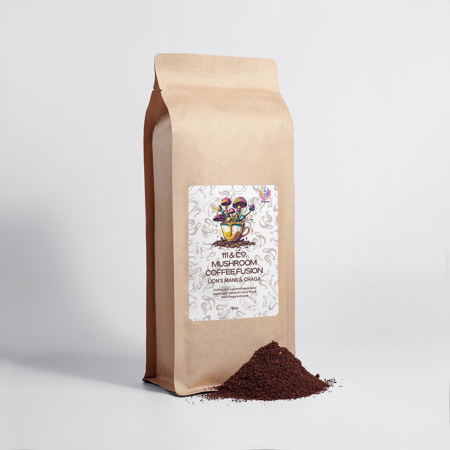 The 111 & Company Mushroom Coffee Fusion - Lions Mane & Chaga 16oz bag, featuring decorative art, stands on a white background. Slightly open at the top, dark coffee grounds mixed with Lions Mane mushrooms spill from the bag, forming a small mound at its base.