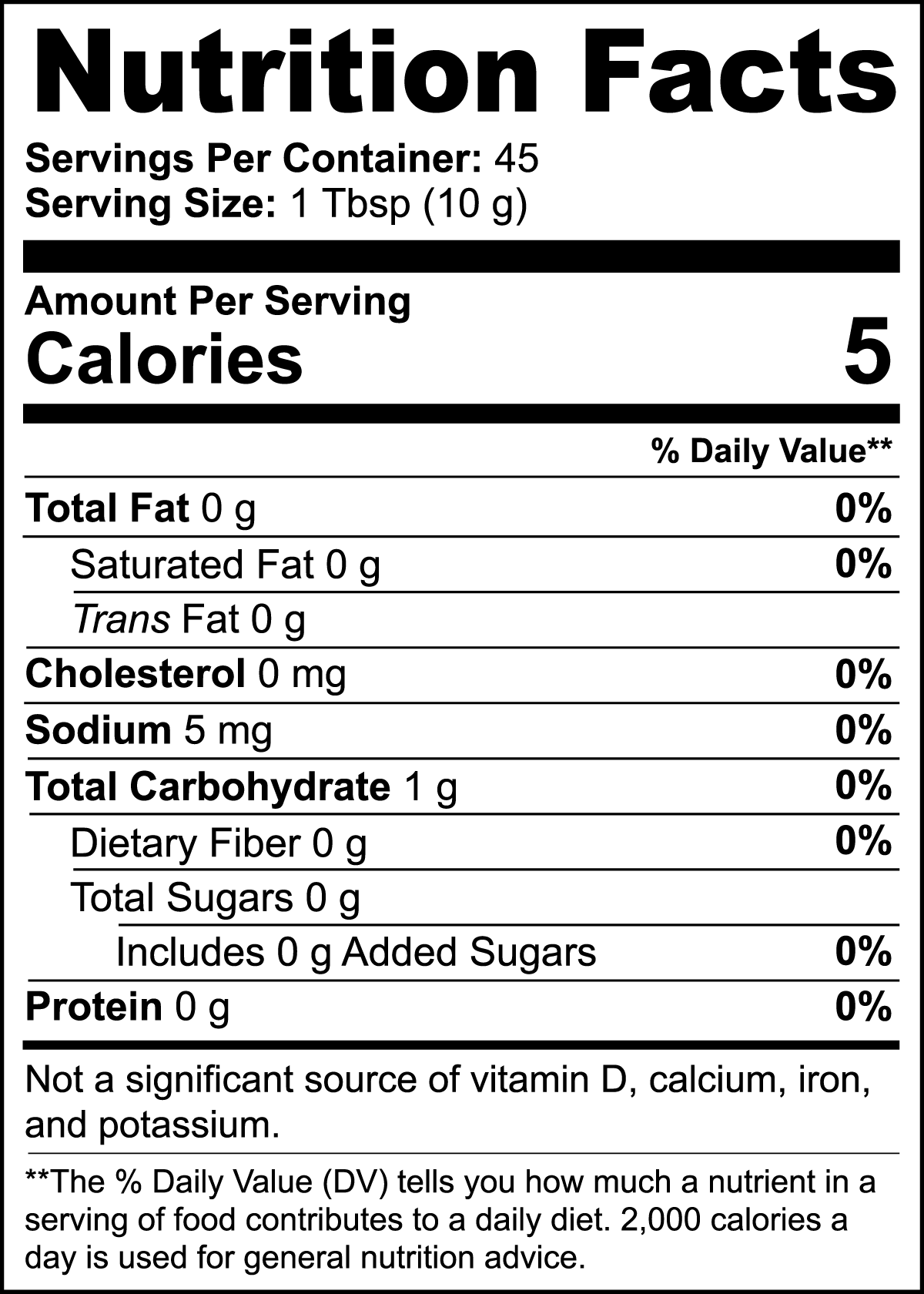The nutrition facts label for 111 & Company Mushroom Coffee Fusion - Lion’s Mane & Chaga (16oz) reveals per 1 Tbsp (10g) serving: 5 calories, 0g fat, 0mg cholesterol, 5mg sodium, 1g carbs, and 0g protein. It offers no significant vitamins or minerals. Contains approximately 45 servings per container.